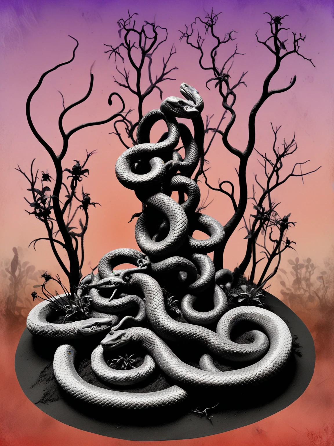 b&w hd-photo, deamon snakes, depicting the garden of eden, inspired by Marcel Janco,Beatrice Wood,Bellmer Hans, chalk-dust,surreal,assemblage, Ivory-Black,Quinacridone-Violet-Red,Quinacridone-Purple-Deep,Burnt-Umber,Burnt-Sienna, Decadent surreal background,<lora:DeconDada2:0.8>
