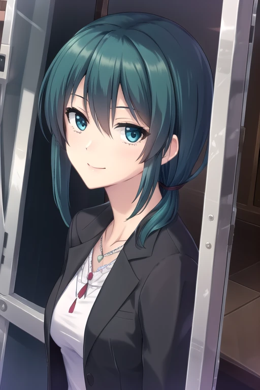 ((masterpiece)),(best quality),official art,extremely delicate and beautiful,extremely detailed CG,unity 8k wallpaper,ultra detailed,beautiful detailed eyes,extremely detailed face,outdoors,1girl,solo,upper body,(portrait:1.5),looking at viewer,facing viewer,smile,Lin Ning,green hair,long hair,aqua hair,asymmetrical hair,low ponytail,hair over shoulder,sidelocks,hair between eyes,parted bangs,aqua eyes,jewelry,necklace,pendant,collarbone,formal,blazer,black jacket,open jacket,open clothes,buttons,blouse,white shirt,frilled shirt,lace trim,long sleeves,medium breasts,miniskirt,layered skirt,black skirt,frilled skirt,black socks,high heels,<lora:Lin Ning(tmoi):0.8>,