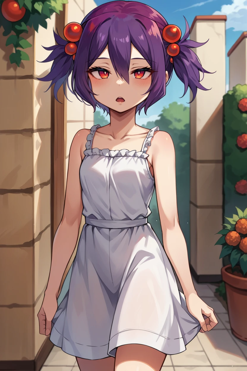 score_9, score_8_up, score_7_up, score_6_up, source_anime BREAK 1girl, <lora:mccavespider-pdxl-nvwls-v1-000005:1> spid3r, short twintails, purple hair, hair bobbles, white sundress, garden, blue sky, looking at you, chestnut mouth