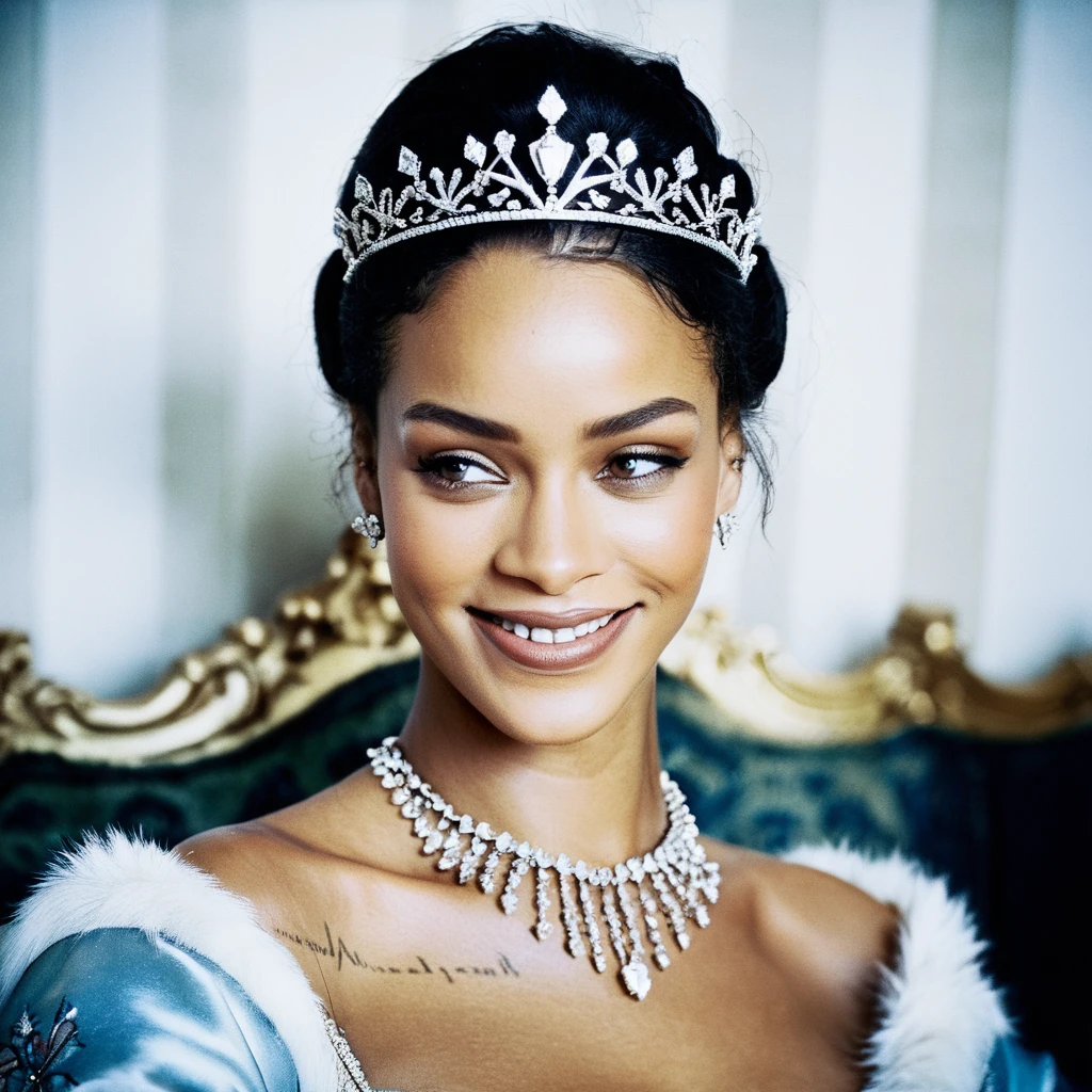 (Skin texture),High quality,Closeup face portrait photo, analog, film grain, actress dressed as a medieval queen with a delicate diamond tiara smiling, rixhnna,   <lora:rihanna_juggerX_xl_1_st_wocap-rixhnna-000085:1>