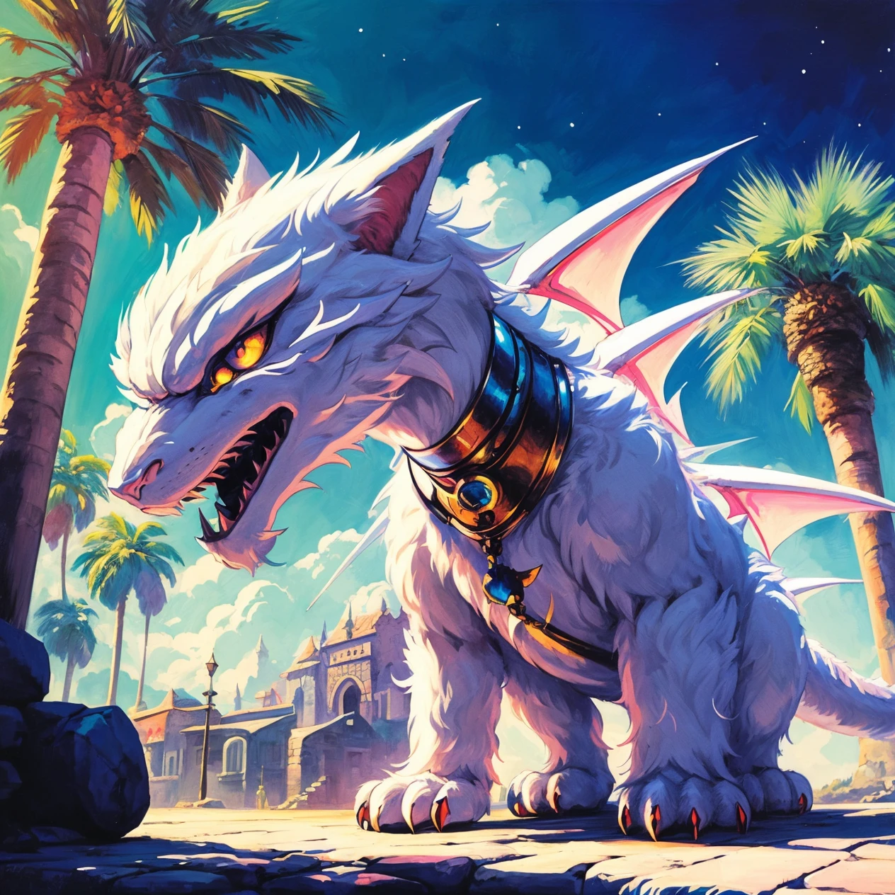 Sorcerer Humanoid Cat Furry, White Fur, Silver Dragon Heritage, Traveler Cloth, Fantasy Ambience, Anime Style, Medieval Town, Large Dragon Claws, hud_jem_boxart, colorful retro artstyle, colorful background, neon, palm trees, <lora:jem_style_sd15-000007:0.7>