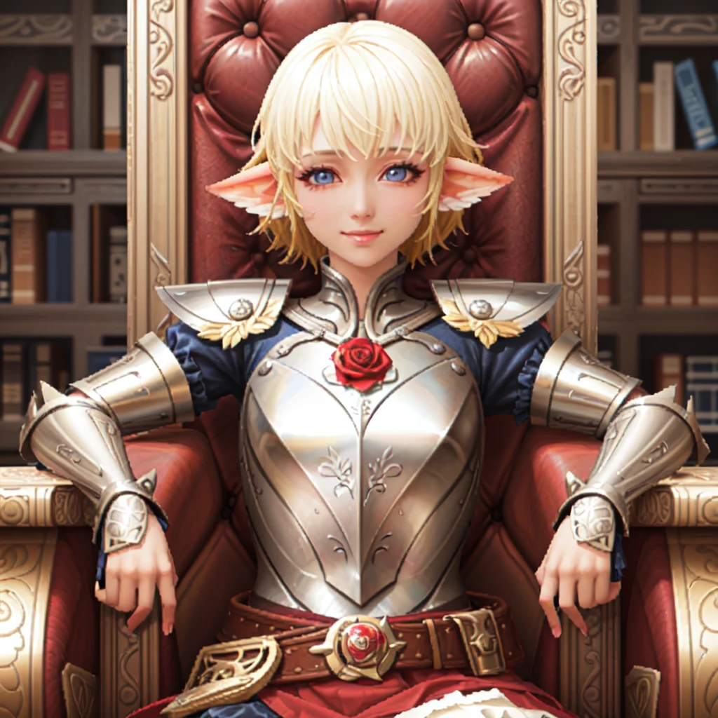 castle throne room, sitting on throne, gold, legs crossed, swords and shields around, upper body, portrait, masterpiece, best quality, high clarity, small body, ertheia, 1girl, short hair, blue eyes, pointy ears, animal ears, blonde hair, belt, armor, gauntlets, breastplate, skirt, rose, armored boots, greaves, smile, looking at viewer, eyes half-open,    <lora:Ertheia_lora:0.7>   <lora:add_detail:0.6>