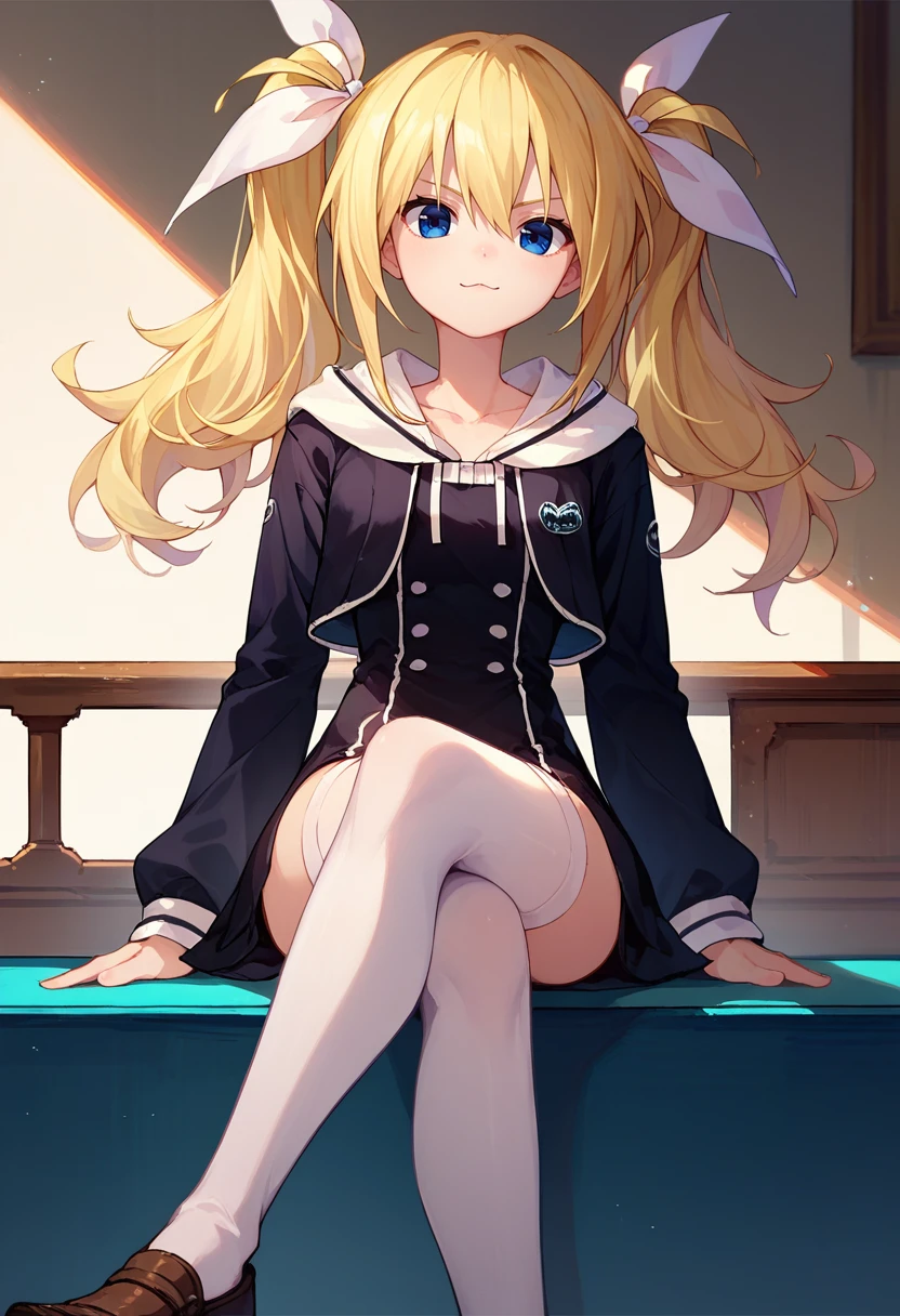 score_9, score_8_up, score_7_up, 1girl, HinaSchool, blue eyes, blonde hair, twintails, white hair ribbon, black short dress, white thighhighs, black sleeves, sitting, crossed legs, looking at viewer, <lora:Arimura 10 DORA 3:1>