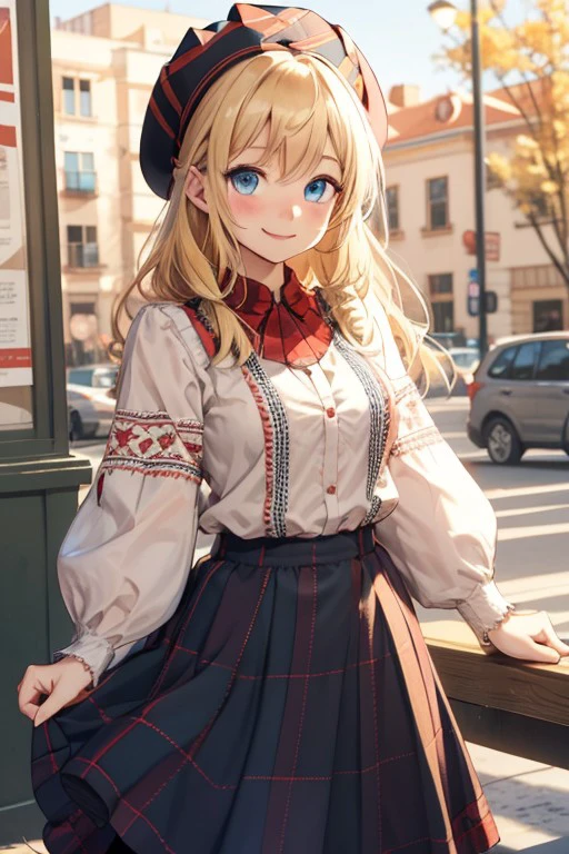 ukrainian dress, 1girl, solo, smile, looking at viewer, blonde hair, blush, blue eyes, skirt, long sleeves, shirt
, <lora:7b14fab9-1b67-4a9e-ac76-0aba24cda6ea:0.7>