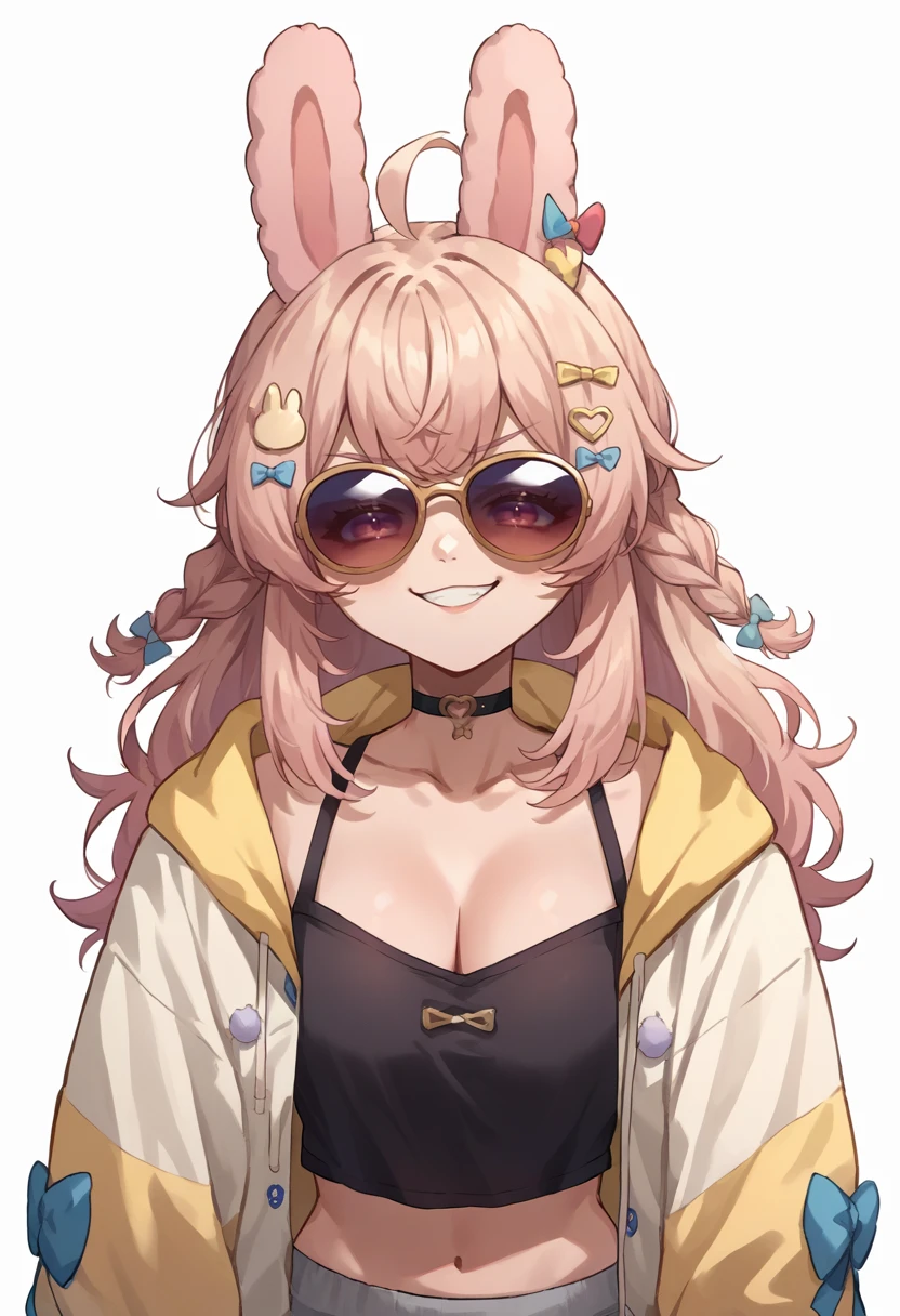 score_9, score_8_up, source_anime, PippaPipkin, long hair, braid, ahoge, hair ornament, hair bow, black shirt, upper body, sunglasses, grey pants, midriff, see-through cleavage, yellow jacket, black choker, smile, smug, simple background, white background, <lora:ChamPippaPipkinPonyXL-000008:1>