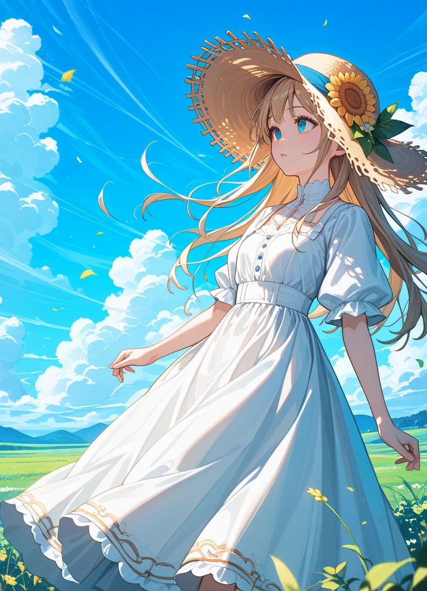 score_9, score_8_up, score_7_up ,source_anime, masterpiece, best quality, perfect anatomy , very aesthetic , absurdres ,intricate detailed, ultra-detailed illustration ,BRAKE
1girl ,Girl looking up at sky , contrail , cumulonimbus cloud, blue sky , prairie ,, blowing wind , straw hat , white dress