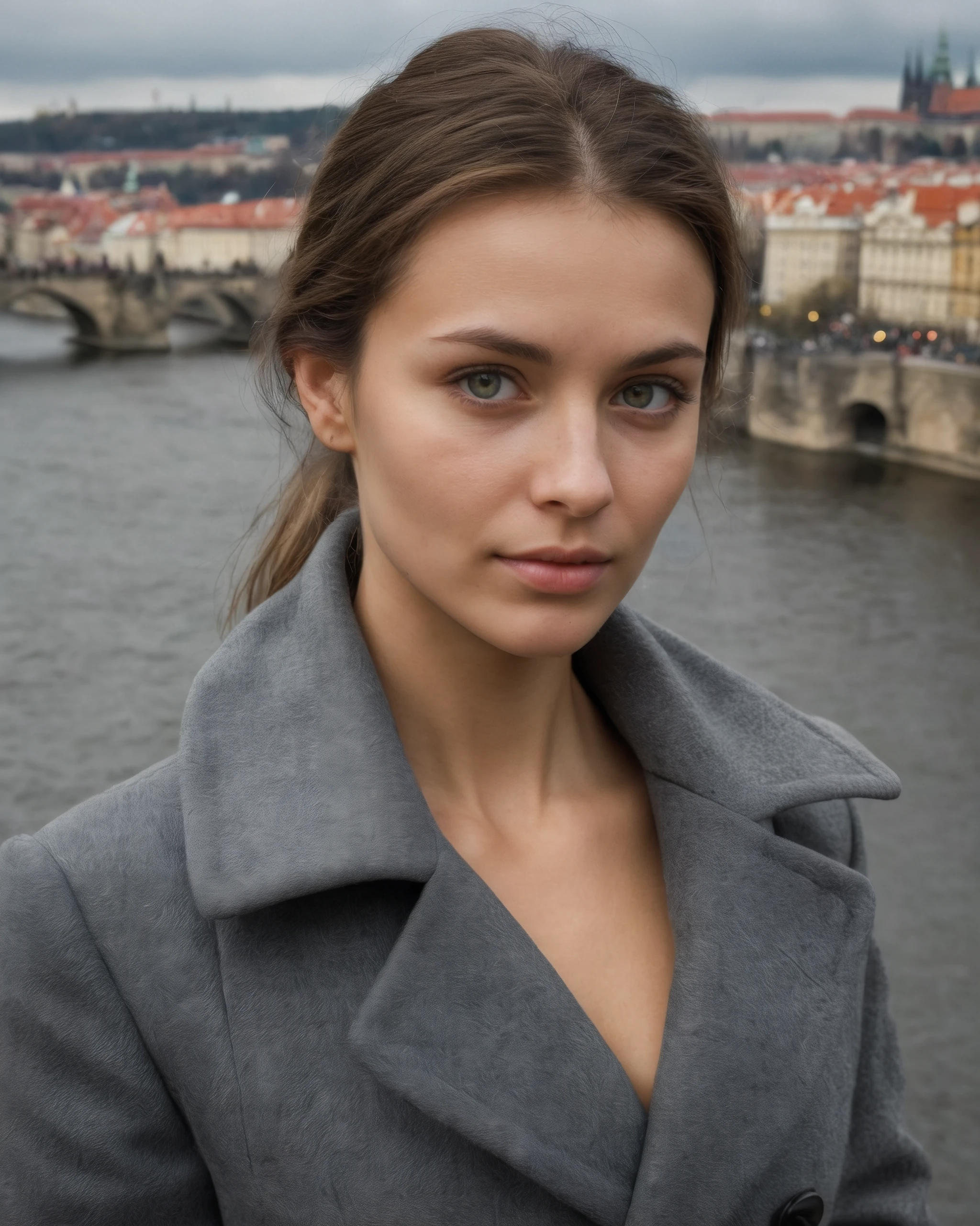 closeup shot, from above, of a beautiful (Czech:1.3) woman wearing long gray coat, extremely detailed fabric, in foreground, in Prague, at the Charles Bridge, river in background, overcast rainy day, narrow hips, slim petite body, fit body, natural breasts, perfect hands, (real skin, textured skin, intricately detailed eyes:1.3), (high saturation:1.2), (high contrast:1.1), (subsurface scattering:0.9), (depth of field:1.2)