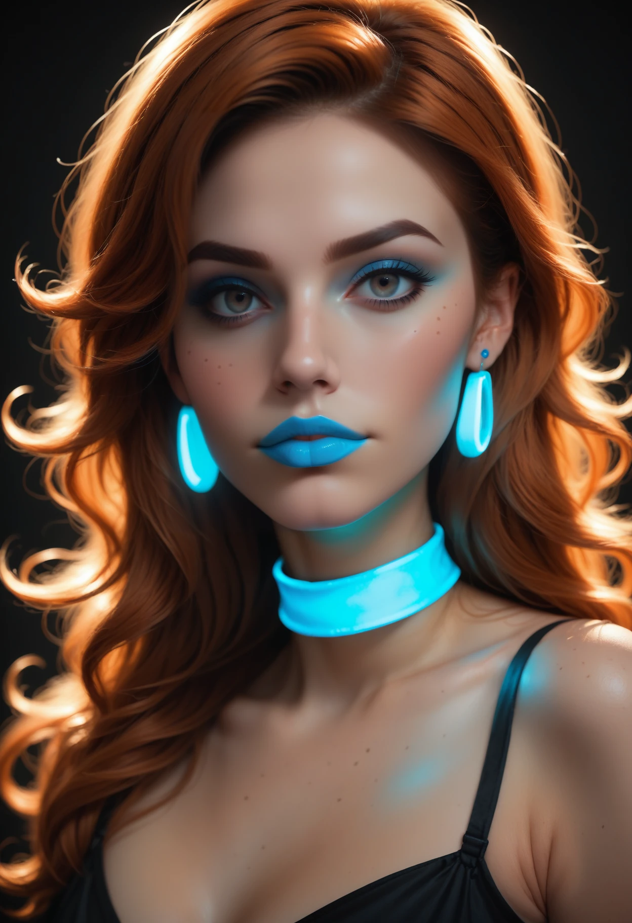 score_9, score_8_up, score_7_up,  face portrait, glowing neon blue earrings, ((glowing neon blue lipstick)), glowing neon blue makeup, source_photo, realistic, 1girl, solo, 21yo, Spanish girl, freckles, large lips, beautiful eyes, brown eyes, ginger hair, long curly hair, (dark skin), (black dress), (glowing neon blue choker), (simple blurred background, depth of field), bright colors, high contrast, (black background), vivid lighting, zPDXL, <lora:lukethighwalkerneonponyv5:0.5>