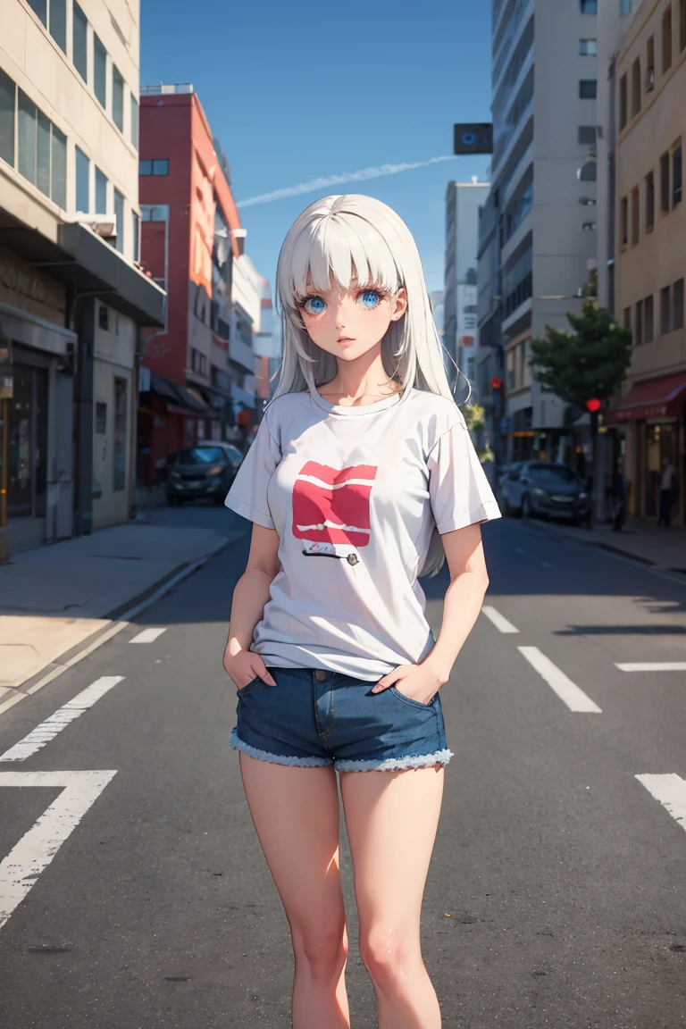 masterpiece, best quality, absurdres, Adelheid, white hair, blue eyes, very long hair, sidelocks, t-shirt, denim shorts, standing, outdoors, city, hands in pockets, <lora:Adelheid:1>