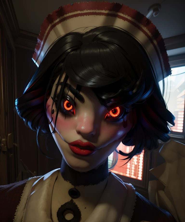 Maidai,red eyes,black hair,medium hair,looking at viewer,
maid,android,glowing eyes,
indoors,dim lighting,abandoned,close up,
(insanely detailed, masterpiece, best quality),<lora:MAIDAI:0.9>,