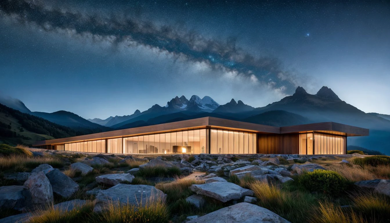 (masterpiece:1.2),( best quality:1.2), high quality, highres,box form, buidiung, sleek, stone, modern architecture style, hyper detailed photo, galaxy and stars, (fog:0.5), human perspective, montain,