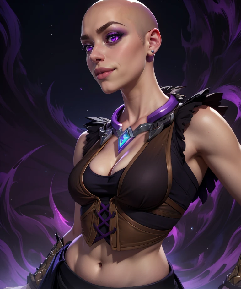 Seris,lips,purple eyes,bald,light smile,
jewelry,midriff,cleavage,small brown vest,black shirt,cleavage,skirt,
upper body,large breasts,
underworld,purple aura,night,
(insanely detailed, masterpiece, best quality),<lora:SerisPLD:0.8>,