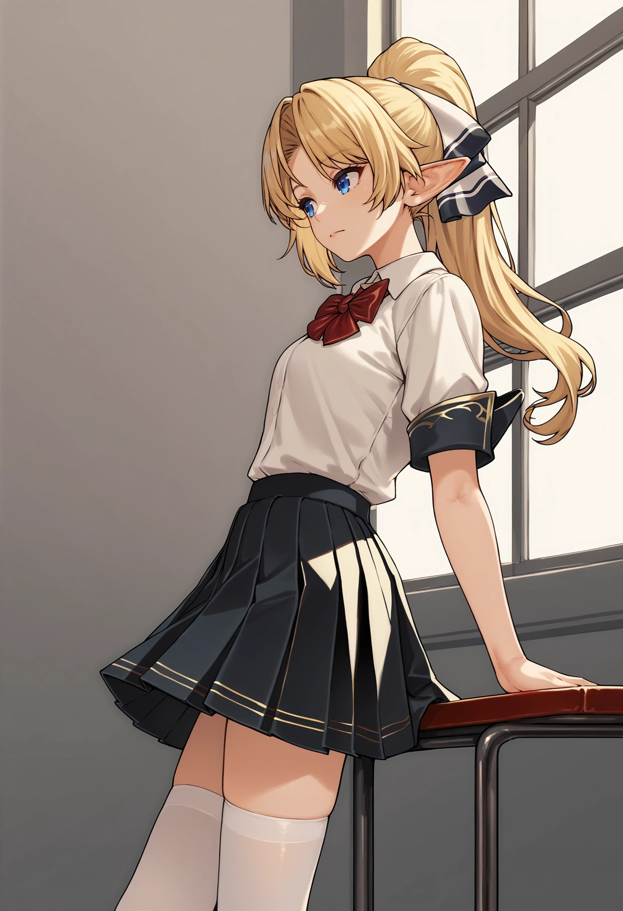 score_9, score_8_up, score_7_up, score_6_up, score_5_up, score_4_up, BREAK, from side,
 <lora:irisv1:1>, irisek, blonde hair, blue eyes, pointy ears, long hair, ponytail, hair ribbon, irisdefault, white thighhighs, collared shirt, short sleeves, pleated skirt, gold trim, red bowtie