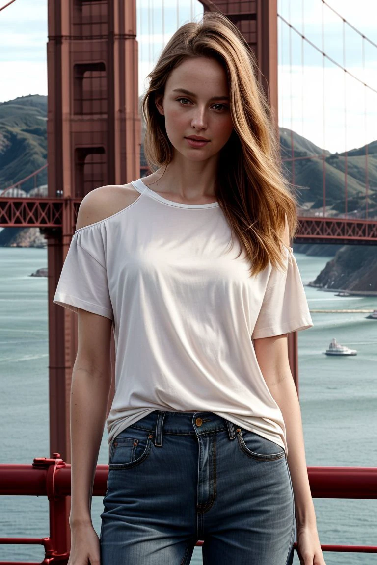 <lora:kawaii7.1.3_obj20:0.75:0.25>, European woman, closeup, sandals, (shirt), pants, (golden gate bridge), ZM_allison, wide shoulders, perfect face, (contact iris: 1.1), pale skin, skin pores , depth of field