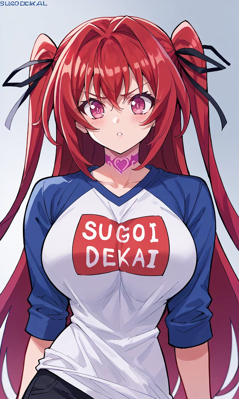 <lora:Mio_Naruse -XL-V1:1>, Mio Naruse,scorscore_9, score_8_up, score_7_up, score_6_up, source_anime, sugoi dekai, clothes writing, white shirt, cosplay, blue shirt, raglan sleeves, 1girl, red hair, pink eyes, choker, two-side up, large breasts, <lora:Sugoi Dekai-XL-V1:1>