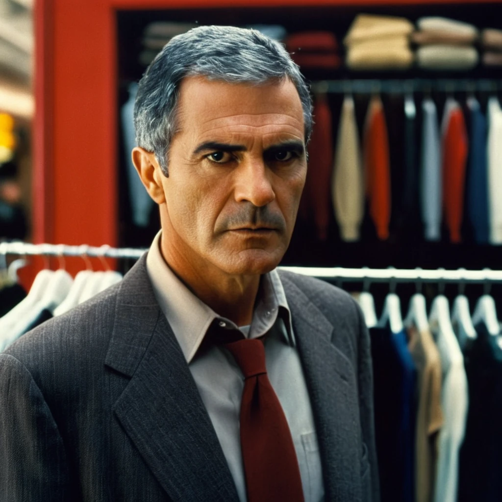 cinematic film still of <lora:detailed:0.4> detailed
<lora:perfection style:0.4> perfect
<lora:PerfectEyesXL:0.3>
 <lora:Jackie Brown 1997 film style:0.9>
Robert Forster Max Cherry a man in a suit and red shirt looking at a rack of clothes,looking at viewer,shirt,black hair,1boy,jacket,male focus,food,collared shirt,blurry,facial hair,formal,red shirt,realistic,grey jacket,photo background ,  Jackie Brown 1997 film style, shallow depth of field, vignette, highly detailed, high budget, bokeh, cinemascope, moody, epic, gorgeous, film grain, grainy