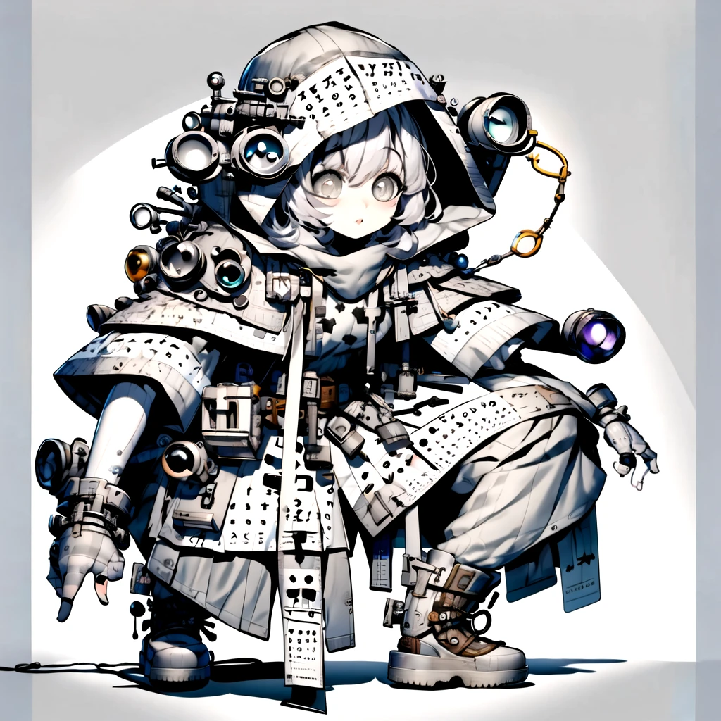 <lora:shiryokukensa_v1:1.25>, shiryokukensa, 1girl, solo, (light grey eyes:1.5), (light grey skin:1.5), fingerless gloves, gloves, white background, looking at viewer, closed mouth, white gloves, hood, shadow, (simple background:1.5), shoes, bangs, hood up, pouch, (light grey hair:1.5), (squatting:1.5)