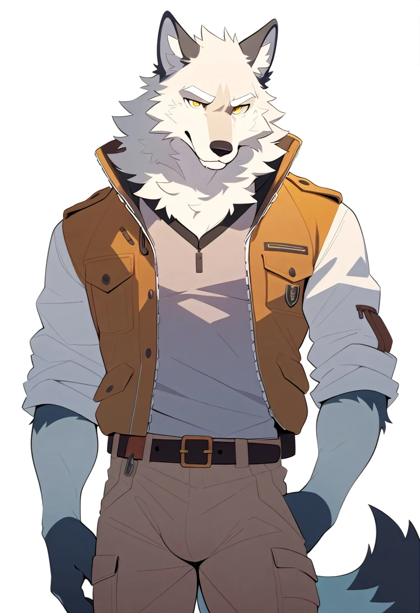canid, canids, wolf, flat colors,
anthro, solo, male, (white eyebrows, white fur, white bdoy), golden eyes,
fully clothed, jacket, undershirt, belt, cargo pants, bulge,
white background, simple background, masterpiece, best quality,
