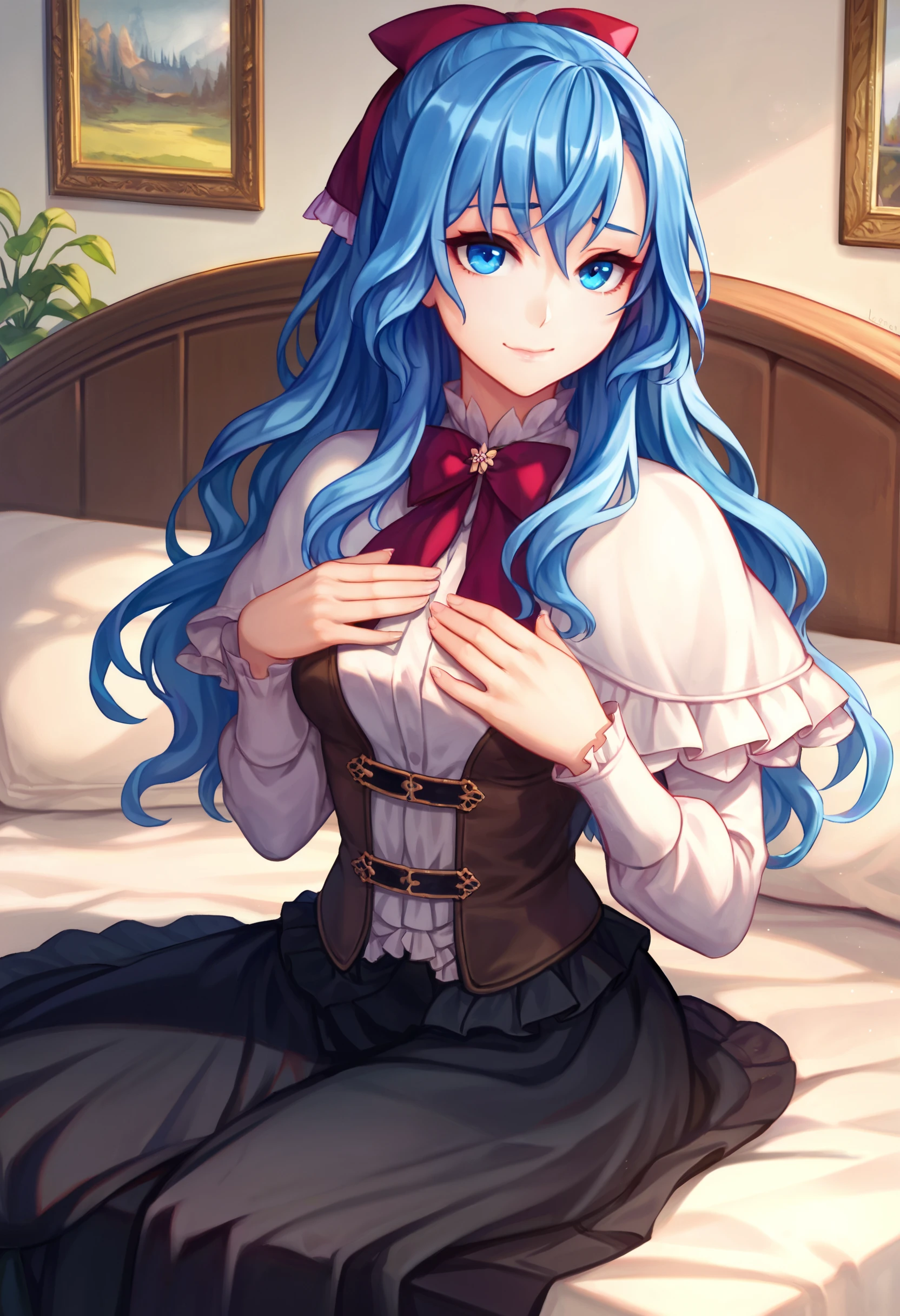 zPDXL, 1girl, solo, BREAK
liselotte, blue hair, blue eyes,
closed mouth,
bowtie, capelet, corset, long skirt, black skirt,
sitting, hands on own chest,
indoors, bedroom,
<lora:BrainwashSlider_seductive_000000950:3> <lora:liselotte-ot6-1320:0.8> <lora:CorruptionSlider7_mk2_000000850:0>