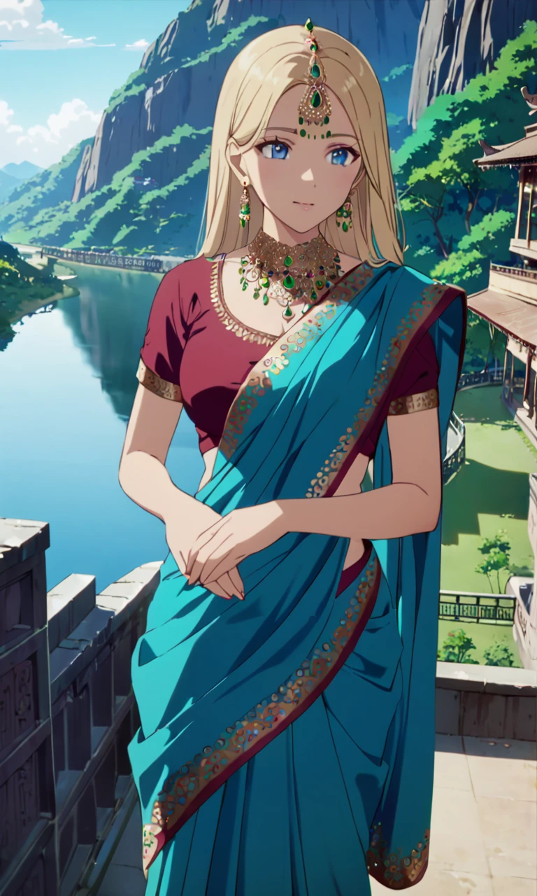 1girl, blonde hair, blue eyes, best anatomy, <lora:Indian Saree XL V1:0.5> Saree, indian dress, jewellry, ornaments, indian gown, indian clothes, blouse, masterpiece, absurdres, intricate details, scenic background, breasts, dyed bangs, <lora:ClearHand-V2:2>, (anime screencap:1.4)