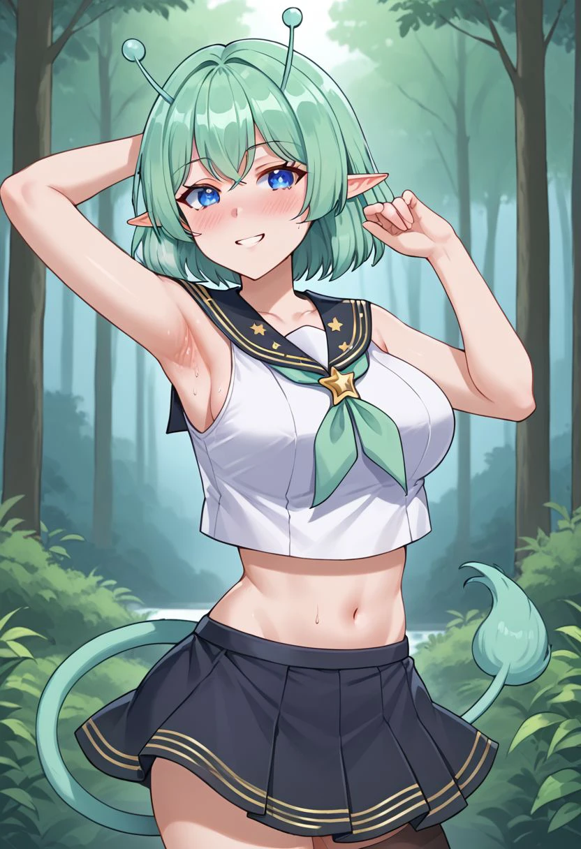 AlienMixture, antennae, medium hair, green hair,pointy ears,blue eyes, tail, large breasts, serafuku,black skirt, black thighhighs, green neckerchief, no shoes, midriff, school uniform, star \(symbol\), forest,outdoors BREAK, standing, from side,upper body, (arms up, armpits), sweat, blush, heavy breathing, smell, breath, naughty face, seductive smile, looking at viewer,