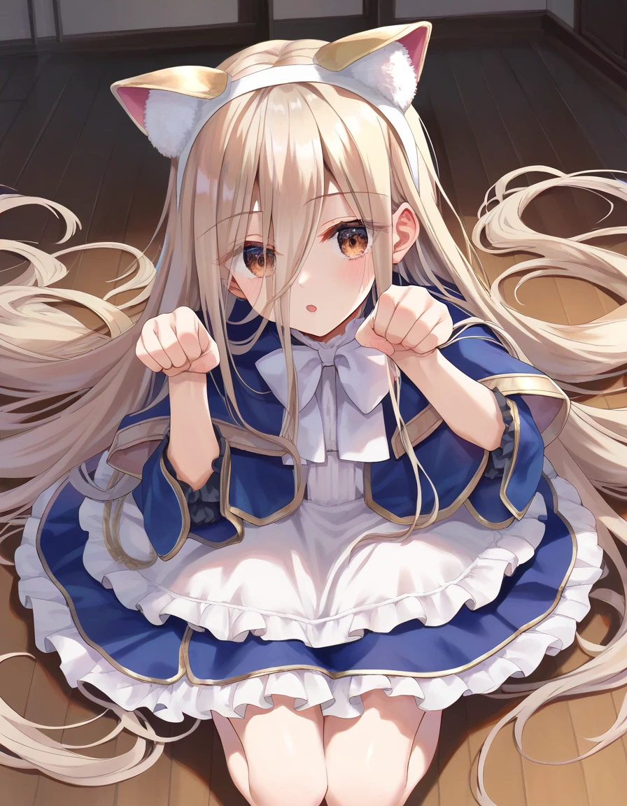 score_9,score_8_up,score_7_up,score_6_up, a girl on the floor, paw pose, open mouth, fake cat ears
<lora:minasuki_popuri_style_pony6_v1-000036:1> <lora:sense_sousou no frieren_PONY_last:0.6> sense \(sousou no frieren\),brown eyes,very long hair,absurdly long hair,hair between eyes,eyes visible through hair, blue capelet,frilled dress,white long dress