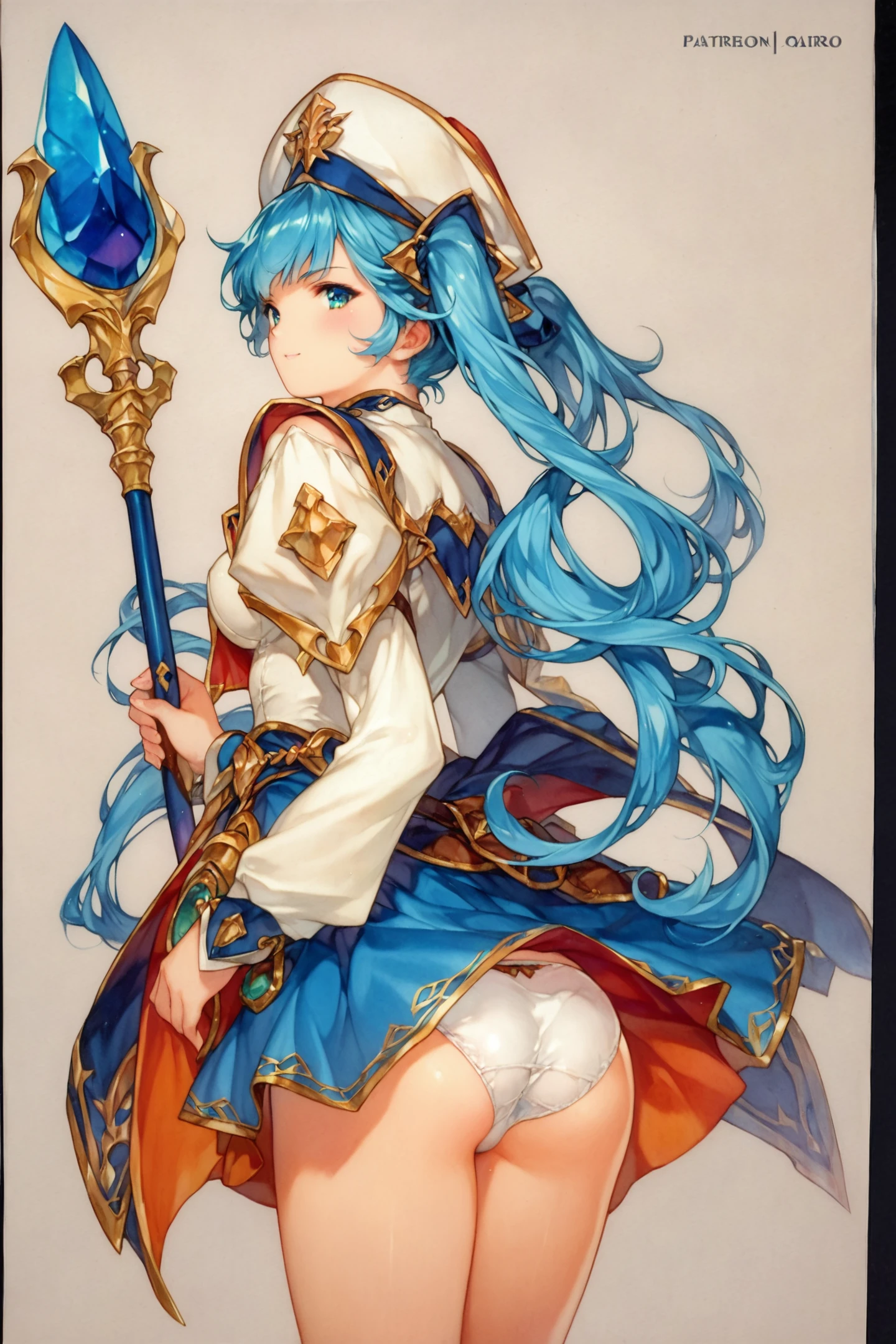 score_9,score_8_up,score_7_up,masterpiece,best quality,very aesthetic,absurdres,official art,official style,
1girl,solo,ass,underwear,panties,staff,looking back,long hair,blue hair,white panties,hat,looking at viewer,medium breasts,from behind,breasts,twintails,long sleeves,holding,skirt,holding staff,traditional media,
<lora:MIN-NARAKEN_XL_PONY:0.9>,