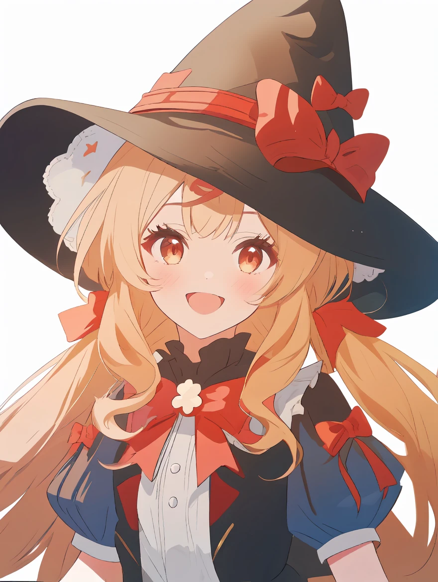 1girl,
klee \(blossoming starlight\) \(genshin impact\),
solo, long hair, smile, bowtie, red eyes, red bow, red bowtie, looking at viewer, shirt, hat, black hat, open mouth, blonde hair, white background, gloves, white shirt, witch hat, short sleeves, twintails, hair bow, black gloves, bow,
masterpiece, best quality
<lora:mki-genshin108-1.5-v3:1>