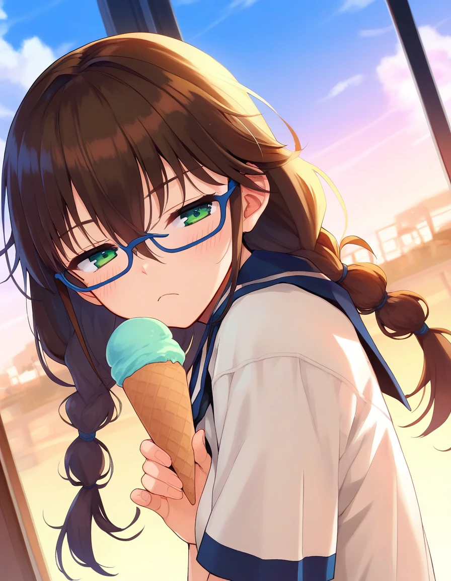 score_9,score_8_up,score_7_up,score_6_up,1girl holding an ice cream, blush stickers, light frown, glasses, blue-framed eyewear, low twin braids, serafuku, from side, looking at viewer, hair between eyes, <lora:minasuki_popuri_style_pony6_v1-000036:1>, brown hair, green eyes, long hair, jimiko, half-closed eyes, outdoors, long hair, dutch angle, window,