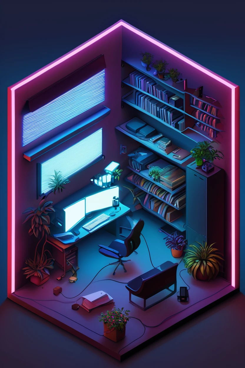 ((masterpiece, best quality)), high resolution, highly detailed,  realistic, BREAK, IsometricNeon, indoors, gradient, book, gradient background, no humans, chair, plant, box, scenery, desk, lamp, controller, cable, computer, television, monitor, keyboard (computer), flower pot, mouse (computer), screen, platform,  <lora:IsometricNeonXL:0.8>,