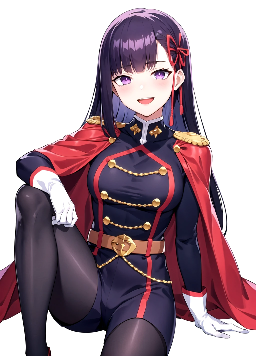 purple eyes, Ren43Yamashiro, purple hair, 1girl, solo, gloves, white gloves, black hair, long hair, looking at viewer, smile, white background, open mouth, sitting, cape, bangs, pantyhose, breasts, belt, simple background, uniform, hair ribbon, red cape, ribbon, blunt bangs, red ribbon, black pants,  <lora:Ren Yamashiro anylora30r42r-000006:0.7>