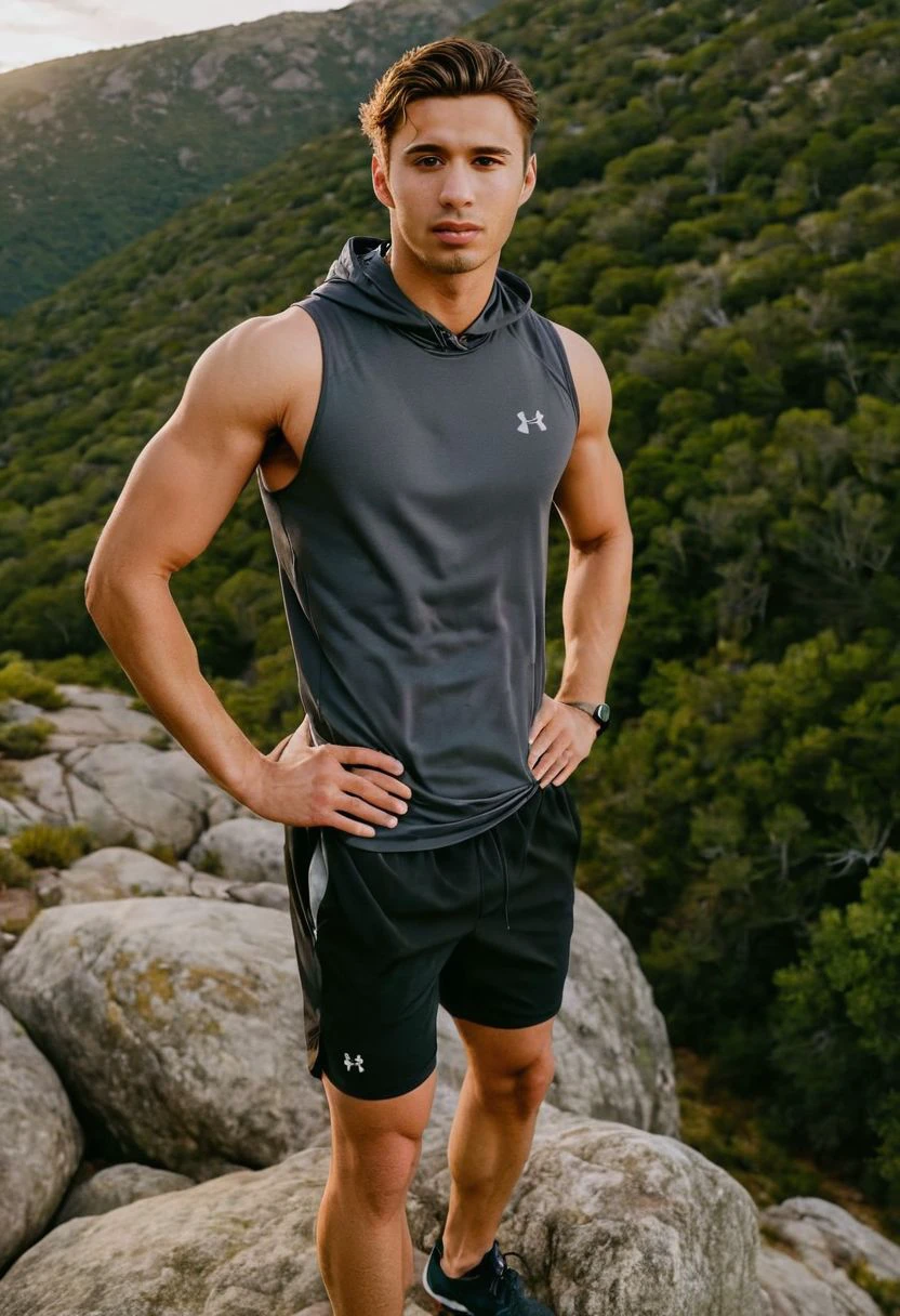 photo of Zayn Malik a man <lora:Carrington-Rodriguez_Zayn-Malik:1>, wearing a sleeveless well-fitted under armour hoodie and compression shorts, standing on a boulder, outdoor trail, 35mm photograph, film, bokeh, professional, 4k, highly detailed, creek in the background, natural lighting, golden hour