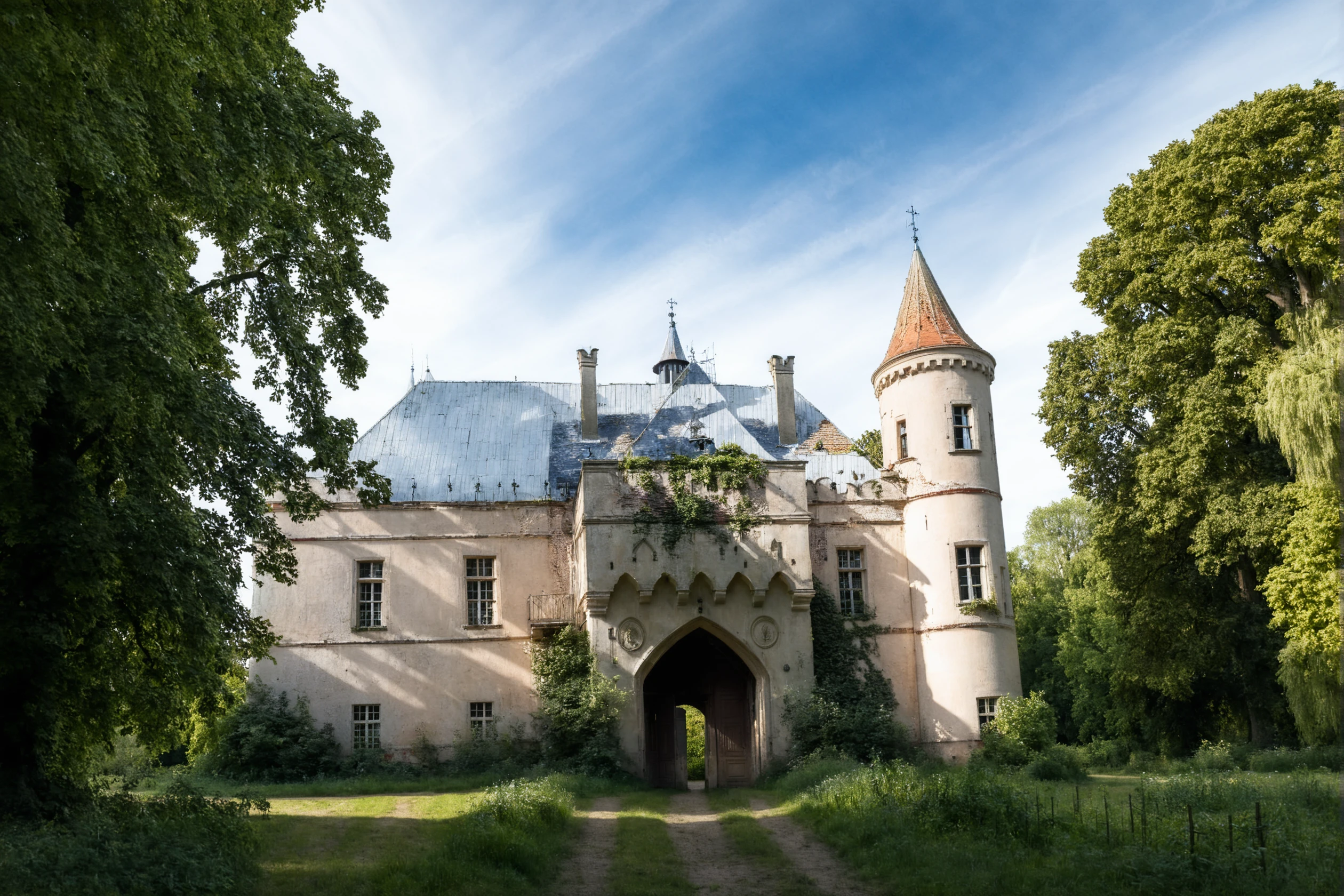 a professional photo, old chateau with tower and gate, park, by Rembrandt Van Rijn, beautiful composition, cinematic light, detailed, chateau, urbex, <lora:Chateau_Hajnowejsa:0.8>