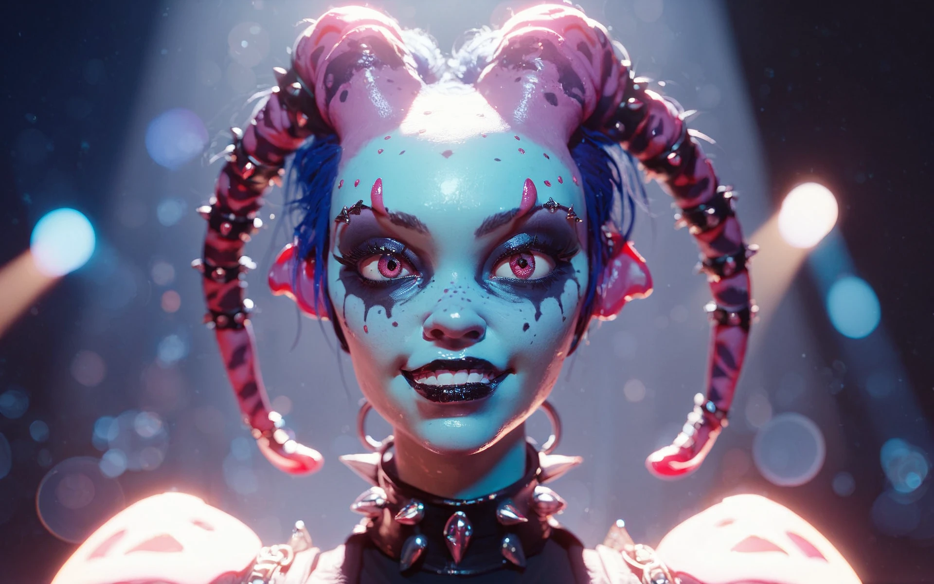 score_9, score_8_up, score_7_up, score_6_up, fashion neopunk evil 1girl (alien:1.3) looking excited, night time, spotlight, cinematic, (bokeh:0.5), perfect shadows, dystopic darkness, sadness