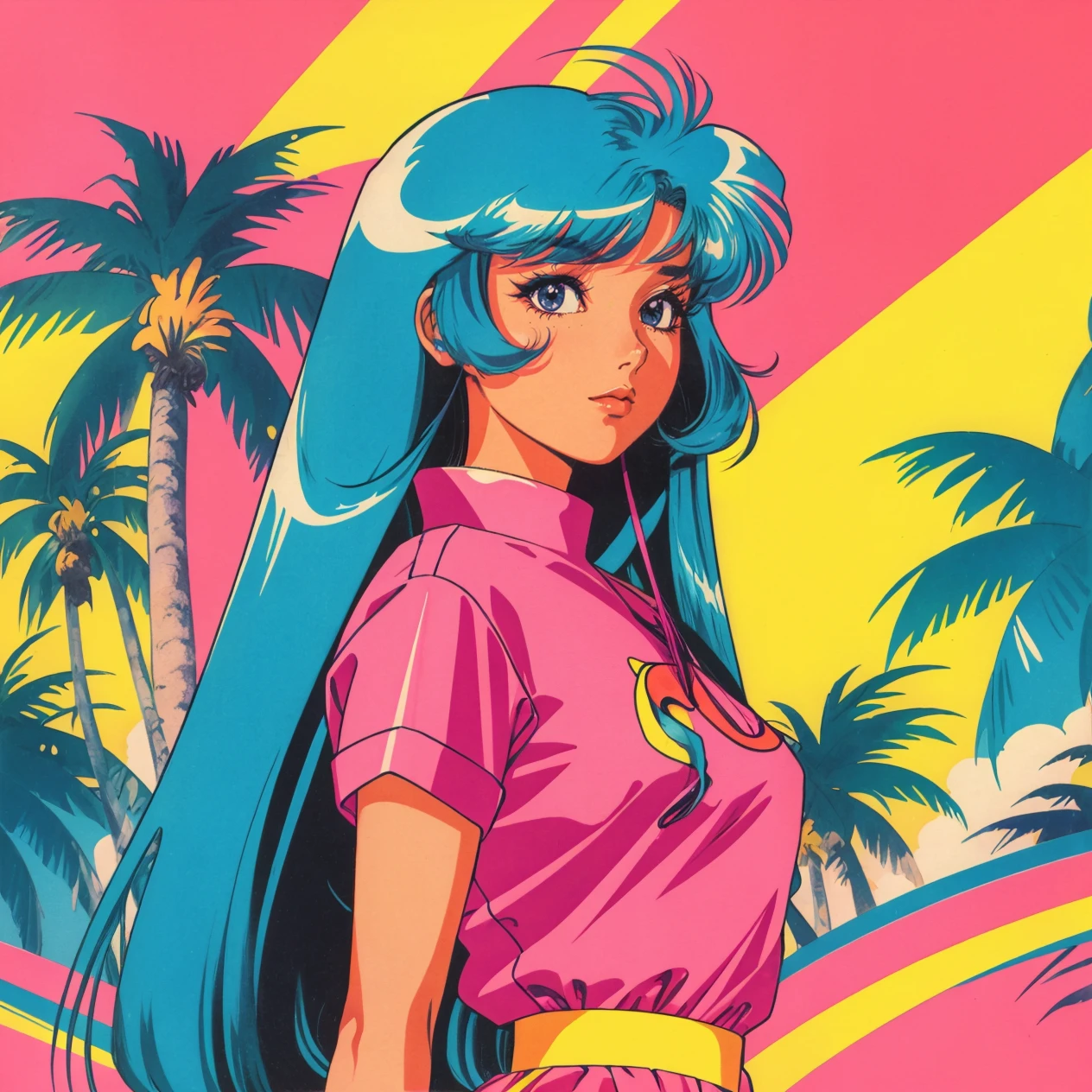 A girl with long straight hair in 80âs anime vintage style, hud_jem_boxart, colorful retro artstyle, colorful background, neon, palm trees, <lora:jem_style_sd15-000007:0.6>