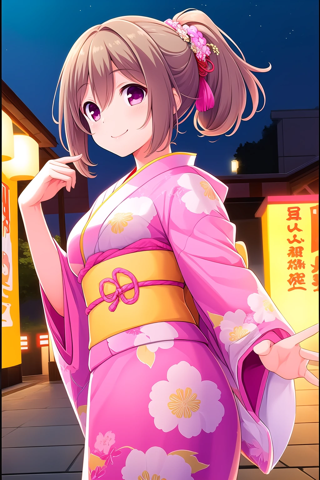 (masterpiece, best quality), highly detailed background, perfect lightingbest quality, kazemachiharuka, solo, outdoors, night, summer festival, light brown hair, ponytail, hair between eyes, short hair, pink eyes, medium breasts, pink kimono, floral print, japanese clothes, smile, closed mouth, :), pink lips, <lora:Kazemachi-Haruka-2-10:0.7>