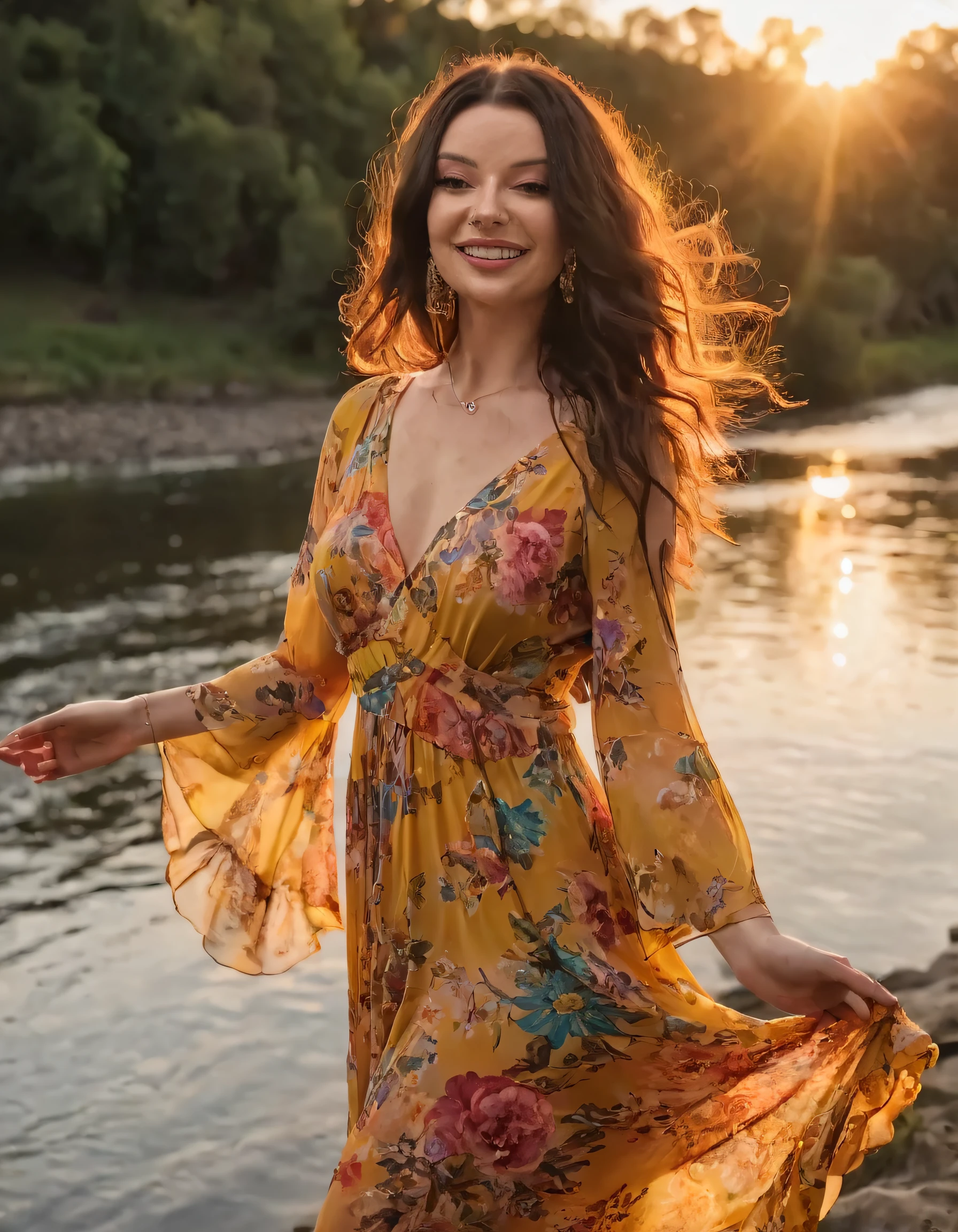 As Janee Wiles, wearing a vibrant bohemian floral dress that swirls along with her flowing hair, she gracefully poses by the tranquil river's edge, capturing both her radiant smile and the breathtaking golden sunset backdrop in an effortlessly artistic moment. <lora:ijhluq18f685b9e77u87:1>