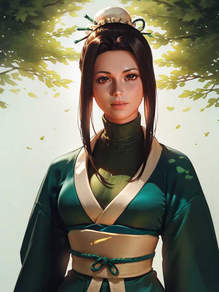 score_9, score_8_up, score_8,wide hips,thin waist,green turtleneck, (hair intakes),green japanese clothes,hair bun,sidebangs,long bangs, eyelashes,brown eyes,<lora:v}_Haku_%0:C:0.9>,1girl, haku, brown hair, sidelocks, very pretty,beautiful, realistic anime, <lora:sinfully_stylish_PONY_0.2:0.51> ,green polished nails <lora:NAI Smooth Boys Style SDXL_LoRA_20r_20e_8i_nr32_a16_Pony Diffusion V6 XL:0.7>