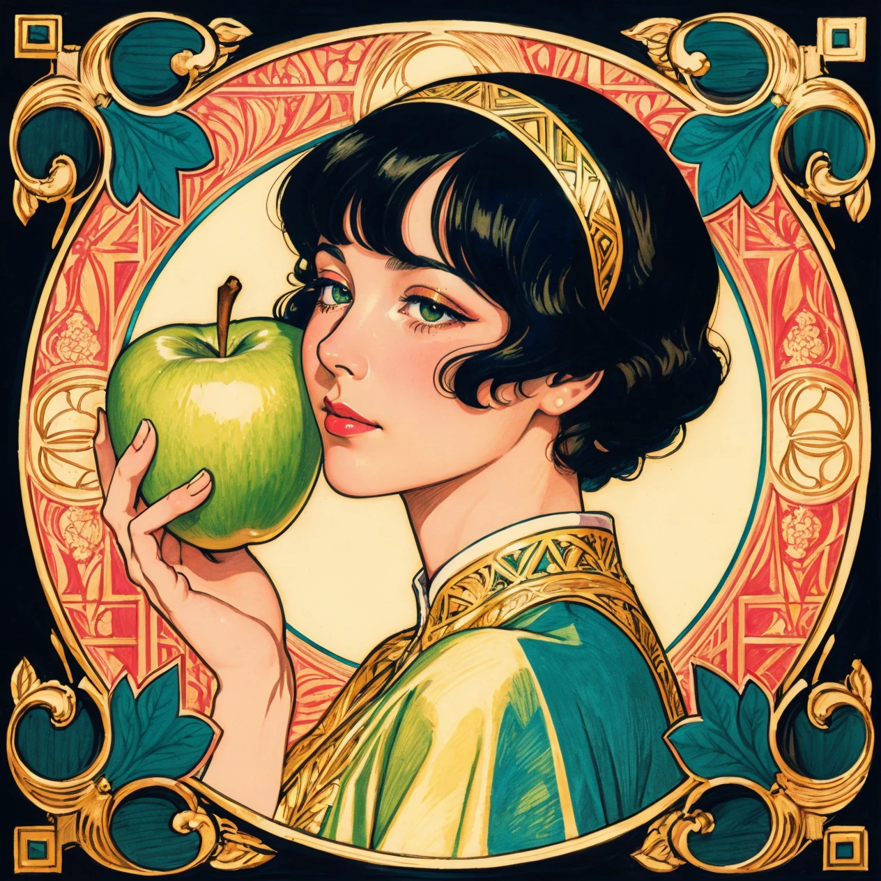 Pop art deco every surface covered in intricate contour lines, highly detailed line work in colored lines in hot pink, blues, golden oranges, lime green engraved illustration by J. C. Leyendecker and Albrecht Durer and Gustav Klimt with gold gilt highlights, gold leaf, portrait of a beautiful 1920s flapper Snow White with her black hair cut to chin length holding a large green apple in a white snowy forest, in the style of full color, intaglio engraving, contouring, hashes, cross hashes, stippling, ultra - photorealism, ultra - detail, with intricate fine line work, color in line only, 4 - color plates, plus gold gilt, colored lines, fills the entire artboard, hud_jem_boxart, colorful retro artstyle, colorful background, neon, palm trees, <lora:jem_style_sd15-000007:0.7>