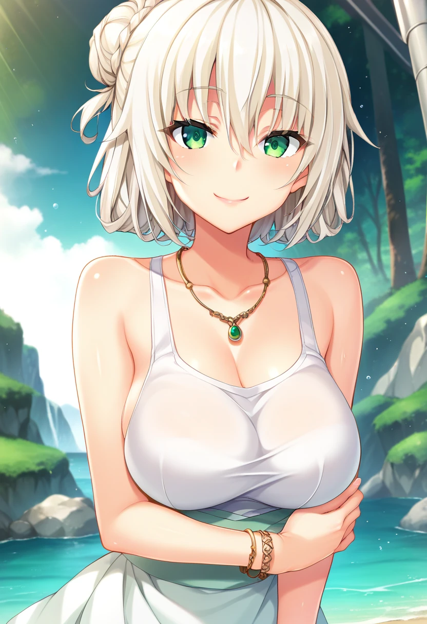 <lora:yuri_shachi_Pv1:1>, yshachi, (hair bun:0.75), white hair, green eyes, 1girl, large breasts,  bracelet, necklace, sleeveless, , white clothes, smile,, BREAK score_9, score_8_up, score_7_up, score_6_up, source_anime, best quality,