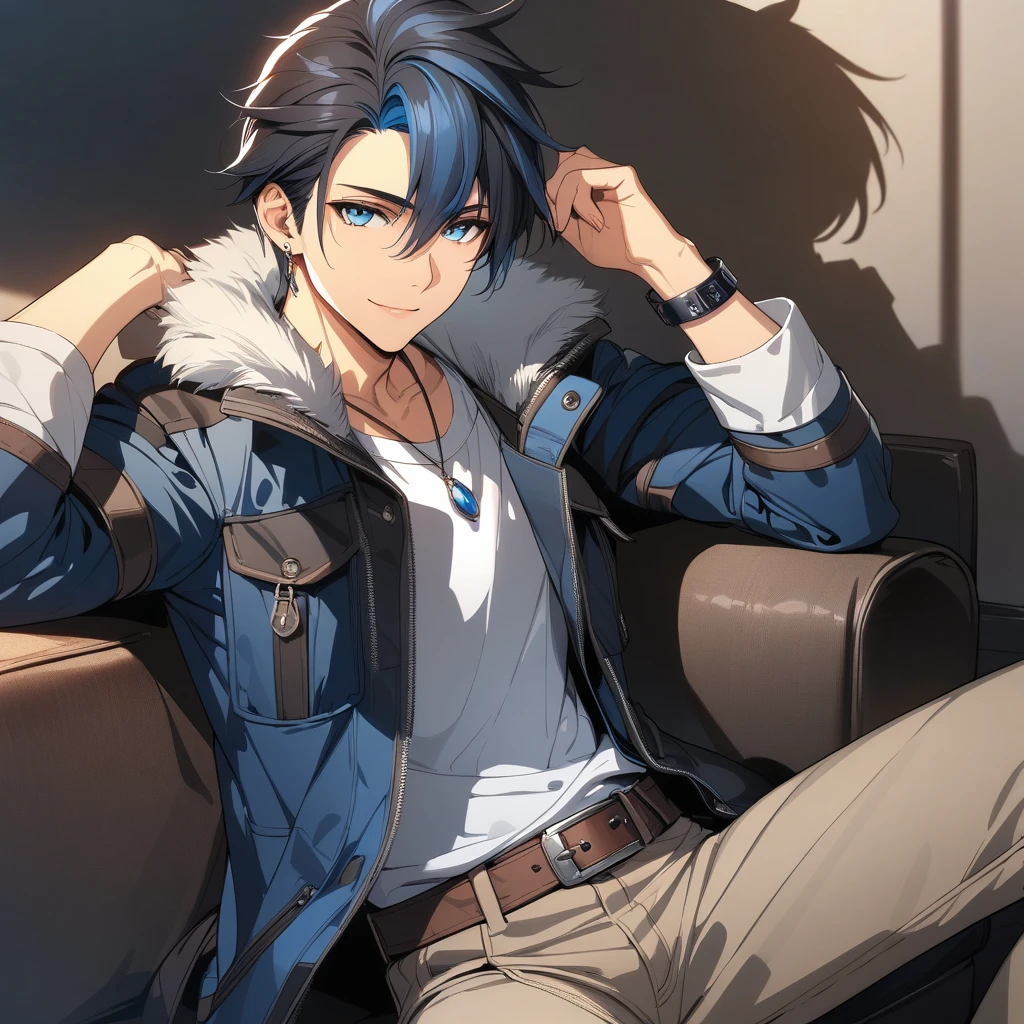 (masterpiece),(best quality),(ultra-detailed),(best illustration),(best shadow),(absurdres),(detailed background),(very aesthetic), an arkride, 1boy, solo, blue hair, black hair, blue eyes, earring, pendant, blue jacket, fur trim, white t-shirt, red inner shirt, brown belt, black bracelet, black single glove, beige pants, sitting, couch, spread legs, smile, looking at viewer<lora:XL-VanArkride:1>