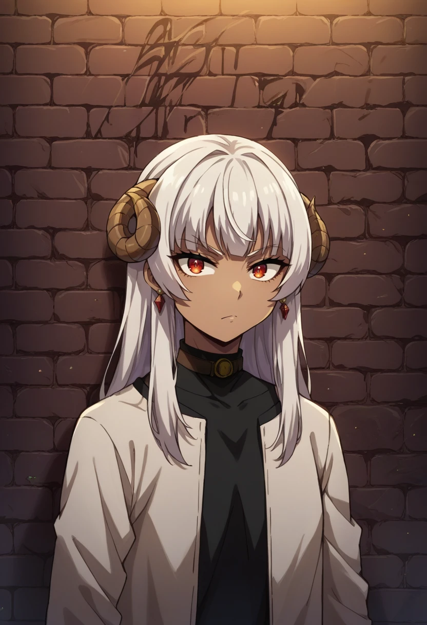 score_9, score_8_up, source_anime, Felm, white hair, long hair, dark skin, earrings, sharp eyes, choker, neon shirt, open jacket, turtleneck sweater, night, against wall, brick wall, graffiti, dim lighting, alley, looking at viewer, <lora:ChamFelmPonyXL-000007:1.0>