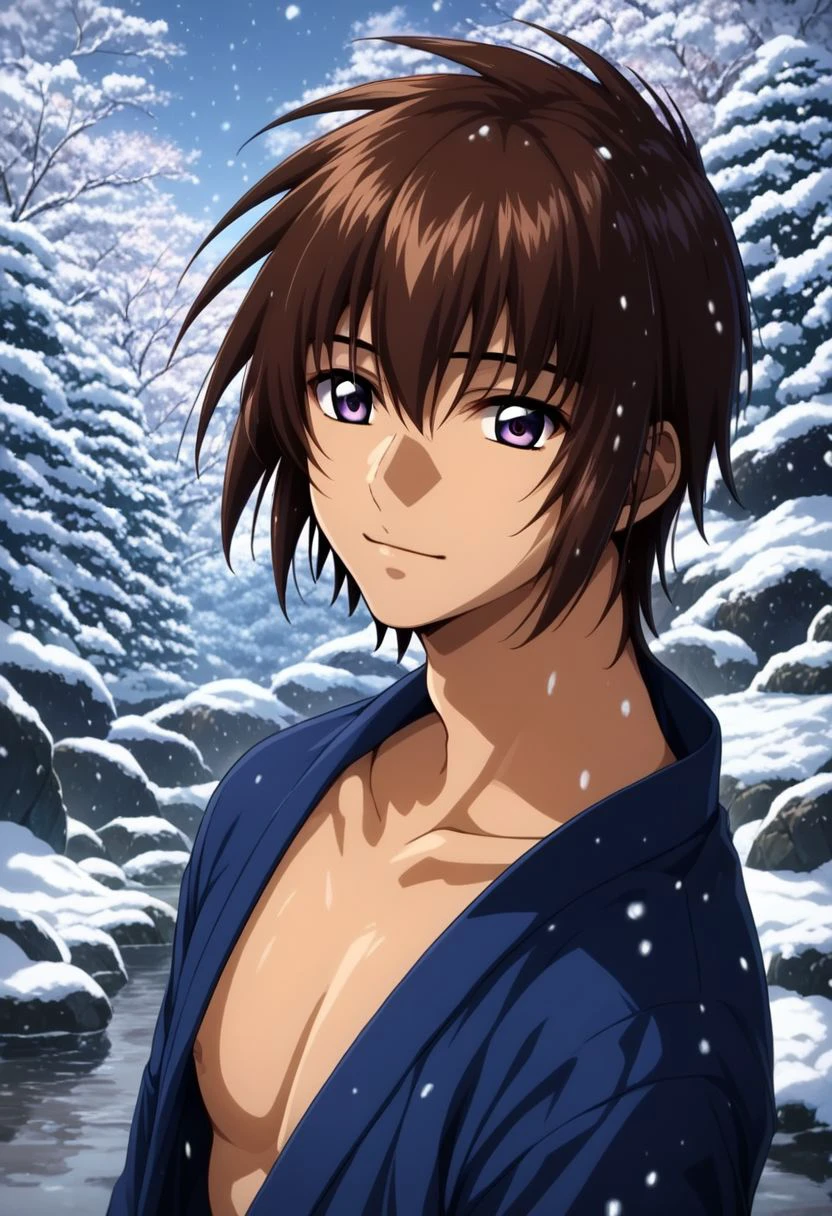 ASCIIscore_9, score_8_up, score_7_up, score_6_up,
source_anime, 
kira_yamato, hair parting left, wearing a Japanese kimono, 1boy, solo, detailed eyes, purple eyes, looking at the viewer, 
upper body portrait,
scenery, Japanese outdoor Onsen, winter, snowing
masterpiece, best quality, very aesthetic, absurdres,