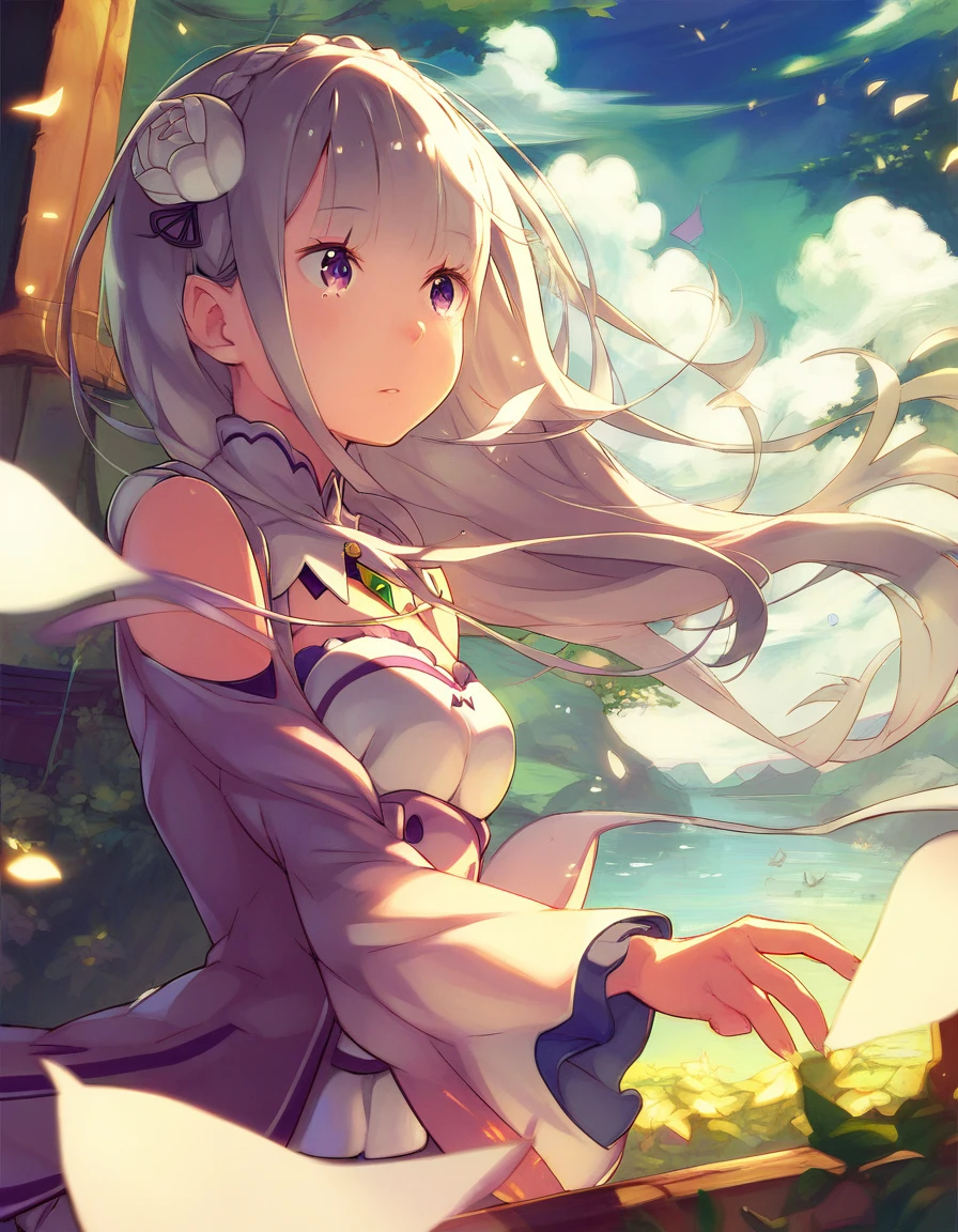 <lora:shinichirou_otsuka for pony:0.8>,score_9, score_8_up, score_7_up, 1girl,re:emilia \(re:zero\),long hair,grey hair,day,sunlight, floating hair,