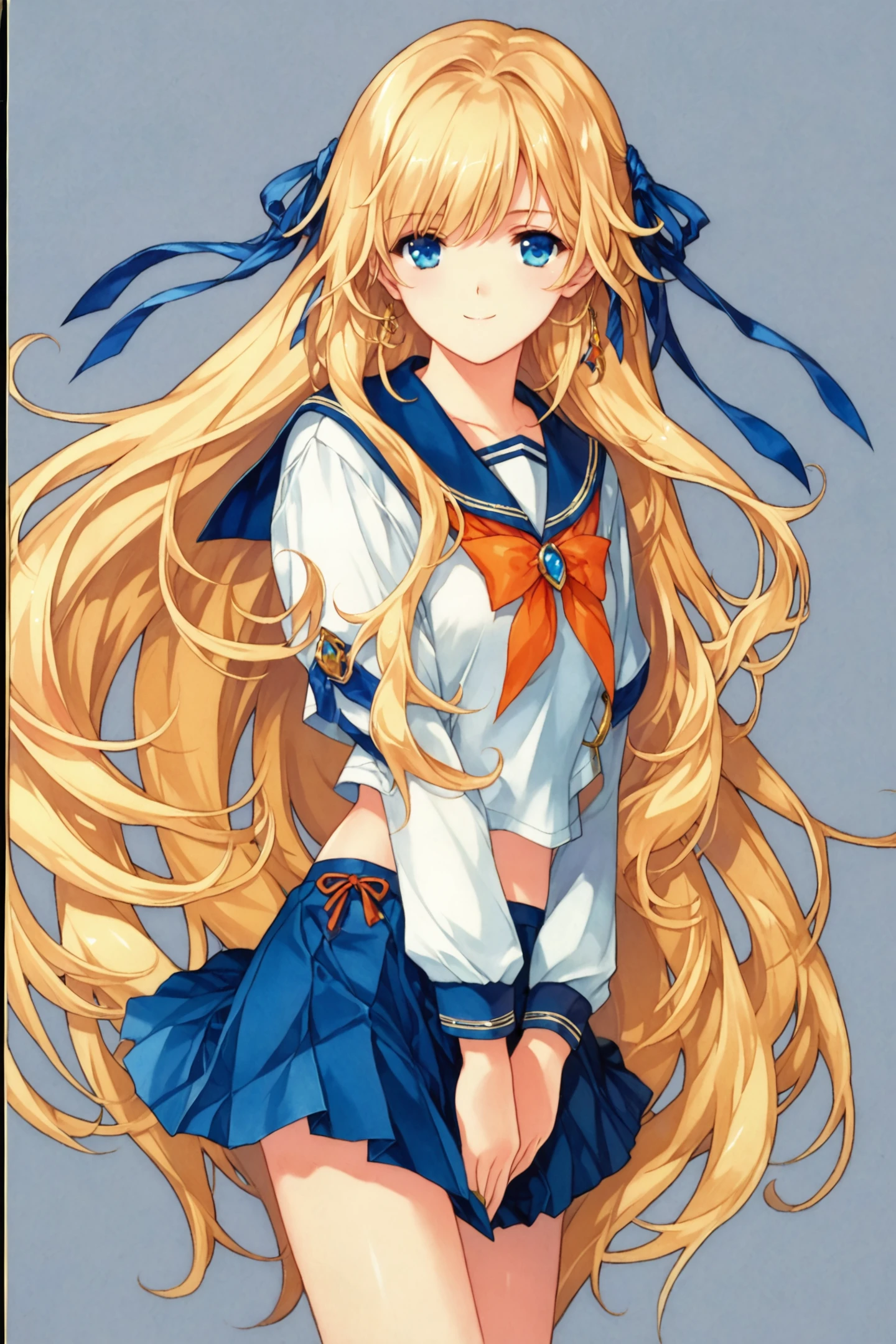 score_9,score_8_up,score_7_up,masterpiece,best quality,very aesthetic,absurdres,official art,official style,anime screencap,
1girl,solo,long hair,blue eyes,blonde hair,school uniform,jewelry,hair ribbon,ribbon,serafuku,skirt,brooch,smile,traditional media,
<lora:MIN-NARAKEN_XL_PONY:0.8>,