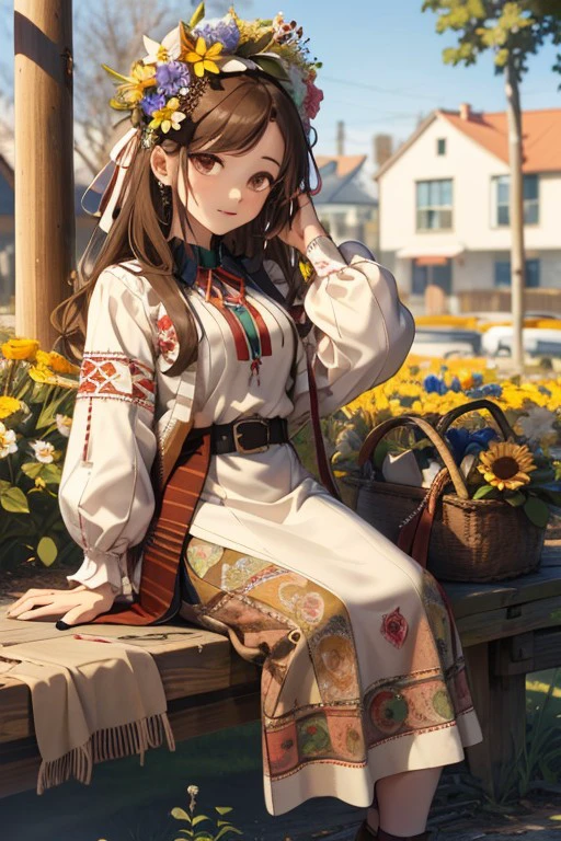 ukrainian dress, long hair, outdoors, brown eyes, jewelry, white shirt, sitting, ribbon, hair flower, belt, full body
, <lora:7b14fab9-1b67-4a9e-ac76-0aba24cda6ea:0.7>