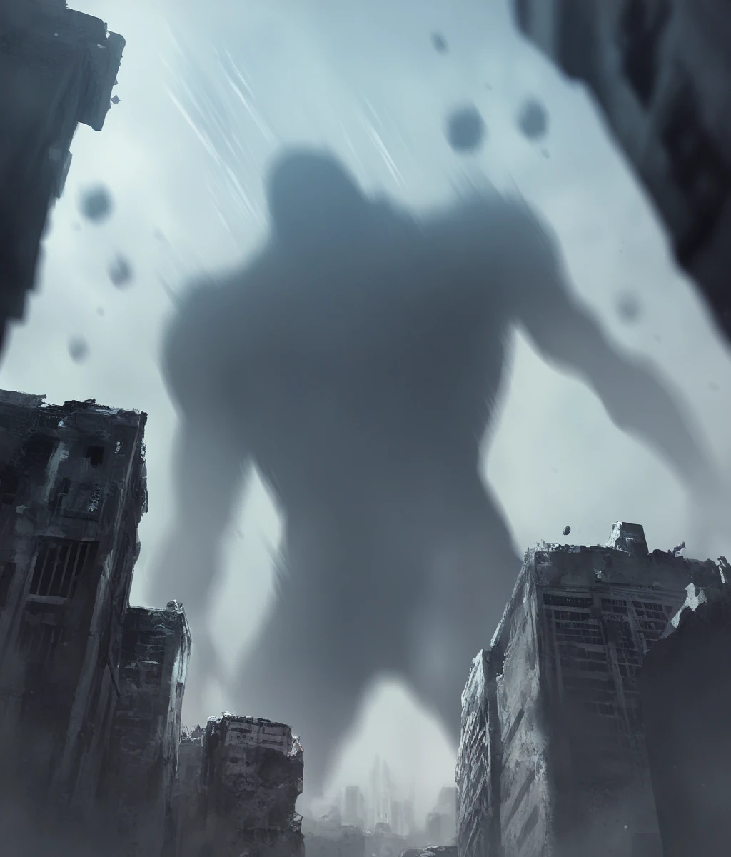 Score_9,score_8_up,score_7_up,solo,no humans,colossal titan,size difference,foge,ha_ze,motion blur,blurry,city,ruins,(from below),night,dark,dreepy,<lora:Horror_The_Mist:0.8>,