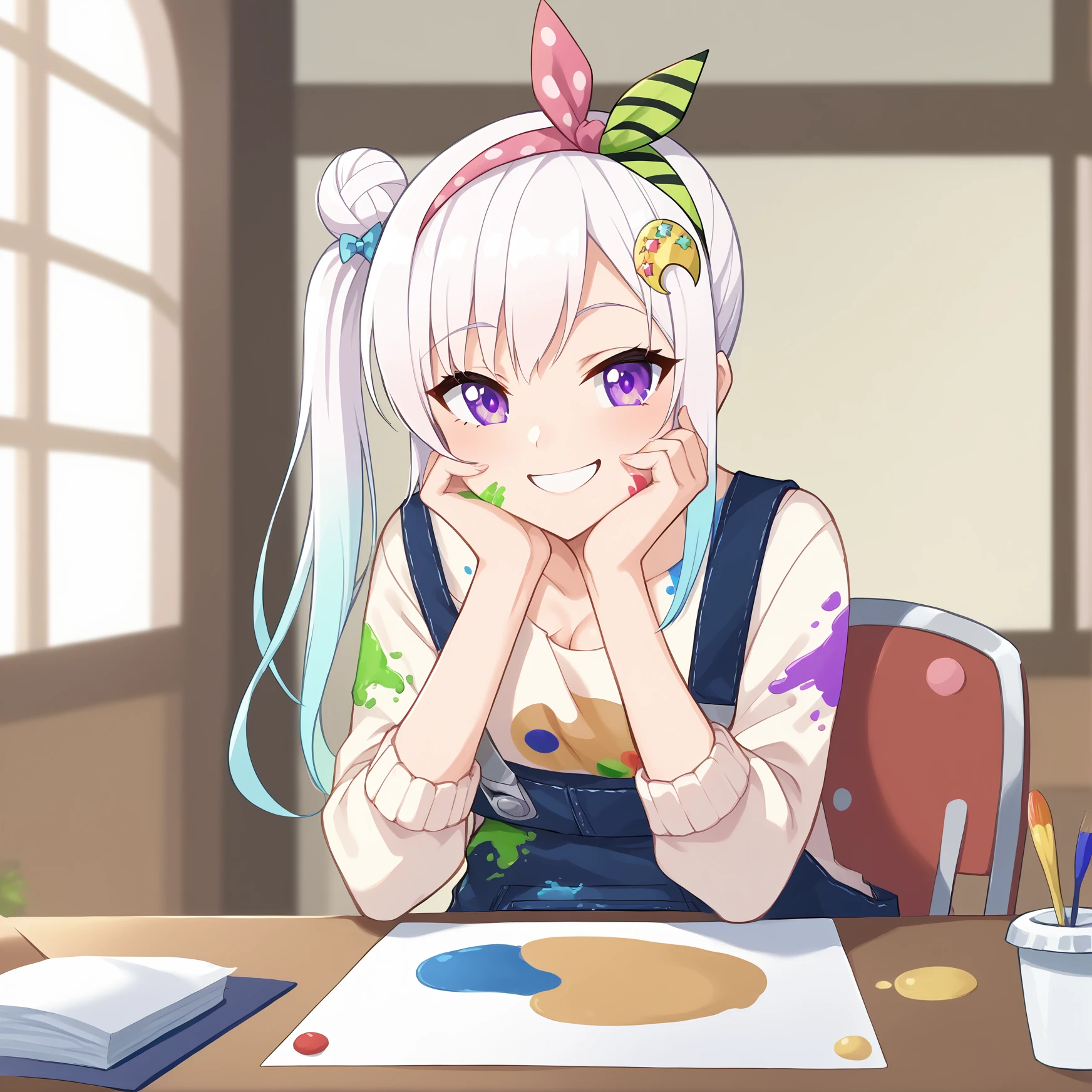 score_9, score_8_up, score_7_up, score_6_up, score_5_up, score_4_up, source_anime, (best quality, ultra detailed, absurdres, masterpiece:1.2), (ai-generated:0.6), color, simple background, indoors, table, <lora:Vchuba - Iofi .3 WD - IPG - ND v21:1>
BREAK
iofi, medium breasts, gradient hair, hair bun, multicolored hair, paint splatter, purple eyes, side ponytail, single side bun, white hair,overalls, airani iofifteen \(1st costume\), paint on clothes, leaning on table, head rest, hands on own cheeks, smile,