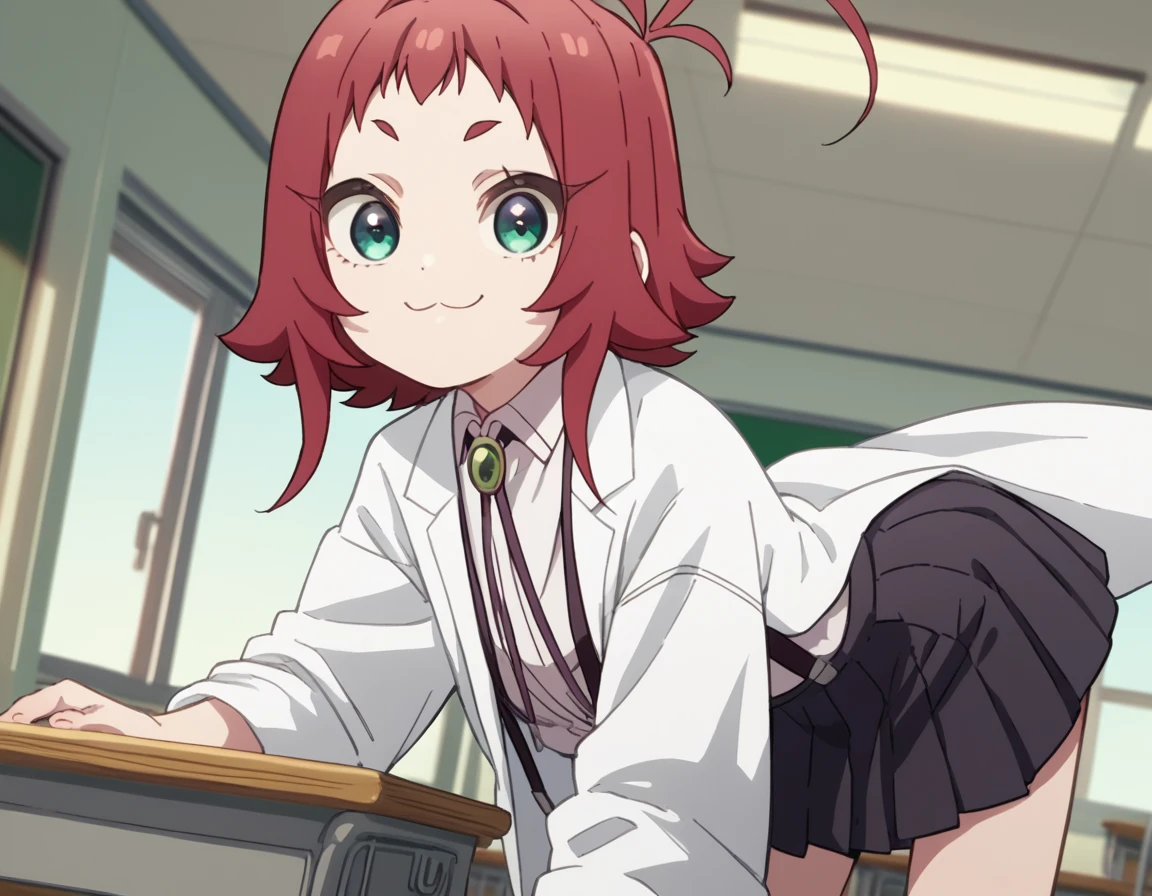 score_9, score_8_up, score_7_up, source_anime,
kusuriyakuzen, <lora:kusuri-yakuzen-s1-ponyxl-lora-nochekaiser:1>,
kusuri yakuzen, green eyes, red hair, antenna hair, ahoge,
short hair, white shirt, pleated skirt, collared shirt, black skirt, neck ribbon, suspenders, labcoat, suspender skirt, female child,
indoors, classroom, bent over, smile,
looking at viewer, cowboy shot, dutch angle, solo,