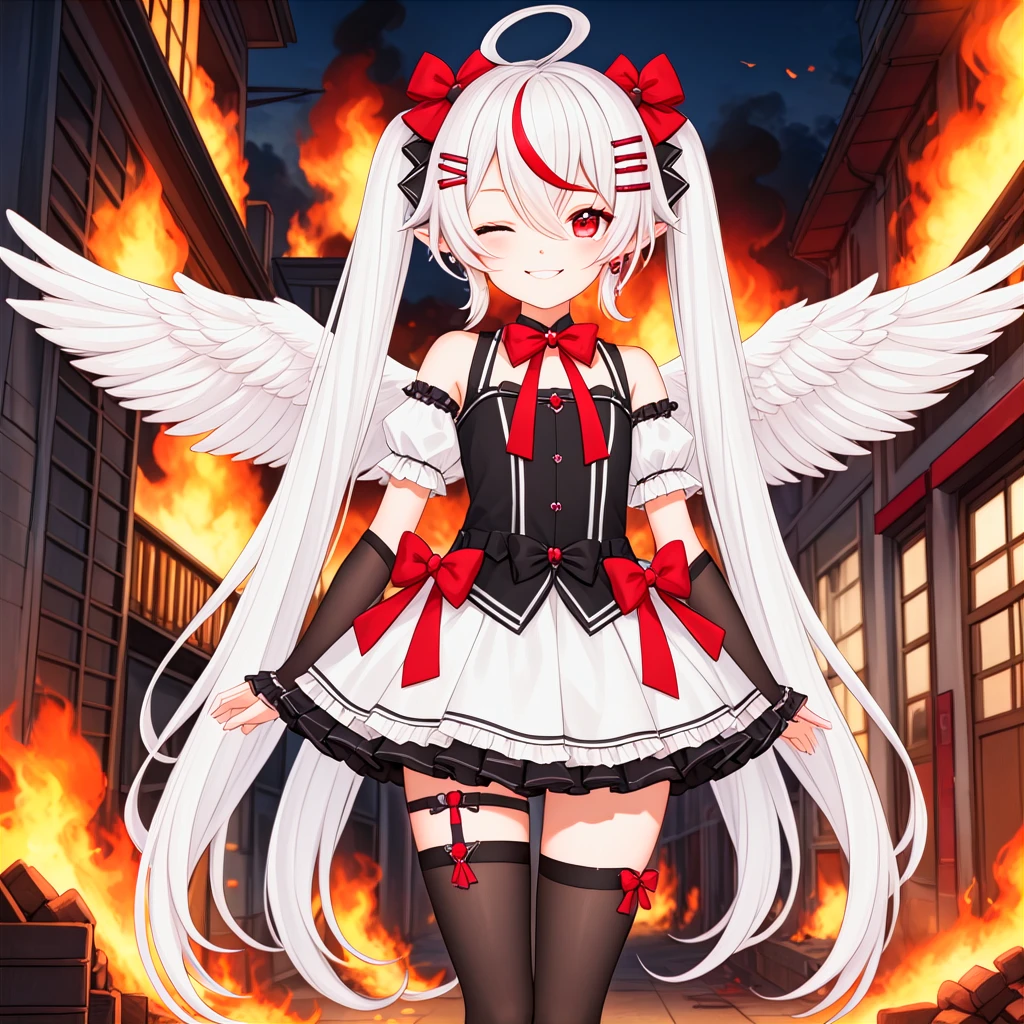 remi, ahoge, angel wings, bow, cross, cross earrings, fangs, hair bow, hair ornament, hairclip, jewelry, long hair, looking at viewer, low wings, mini wings, multicolored hair, pointy ears, solo, twintails, virtual youtuber, white feathered wings, flat chested, thighhighs, wide red eyes,
<lora:REMI-XL-t2-000001:0.5>
burning building in the background, smile, closed mouth, one eye closed,